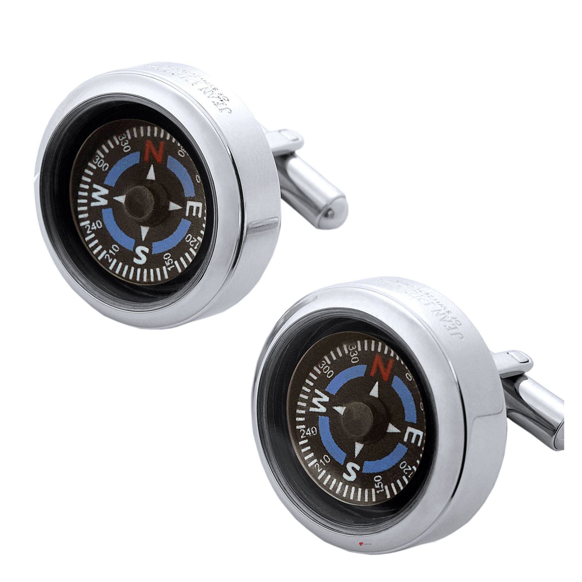 Two silver compass cufflinks on a white background