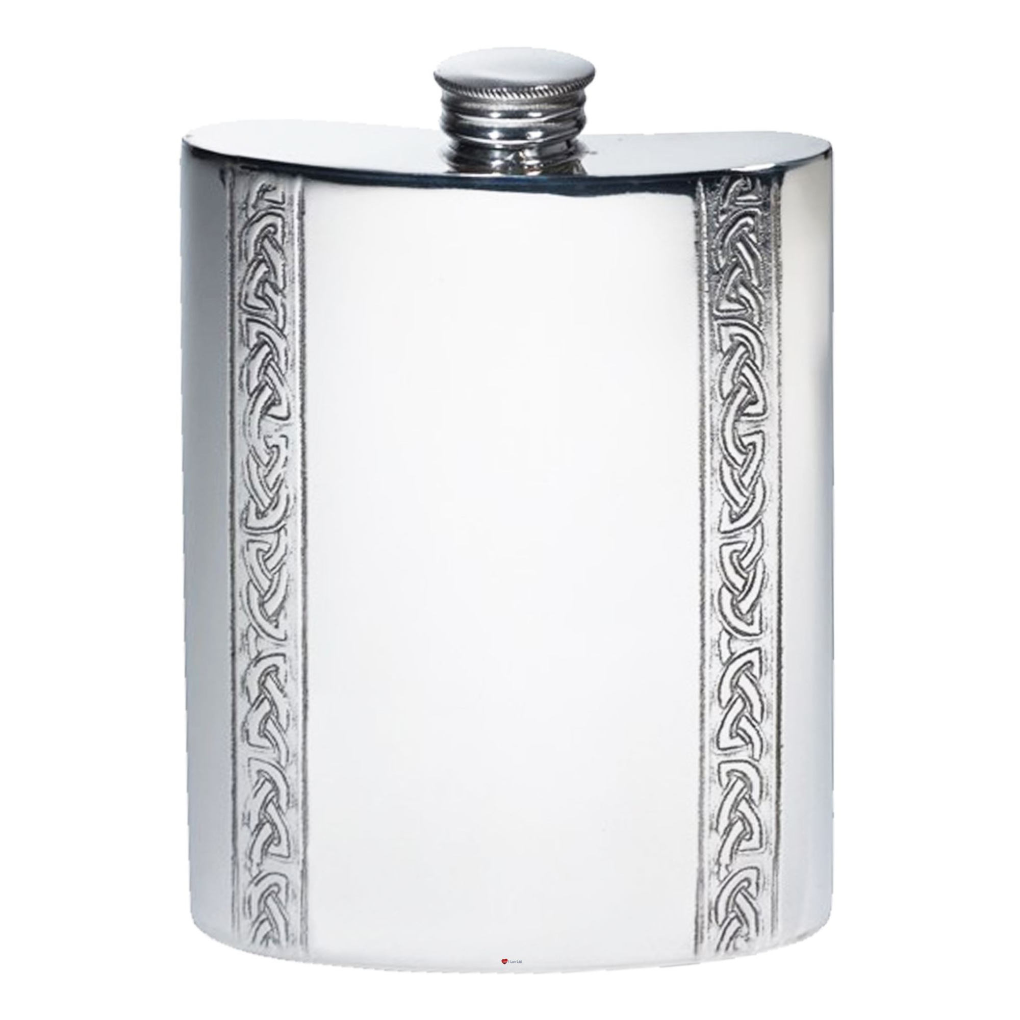 Silver hip flask with Celtic knot design on a white background