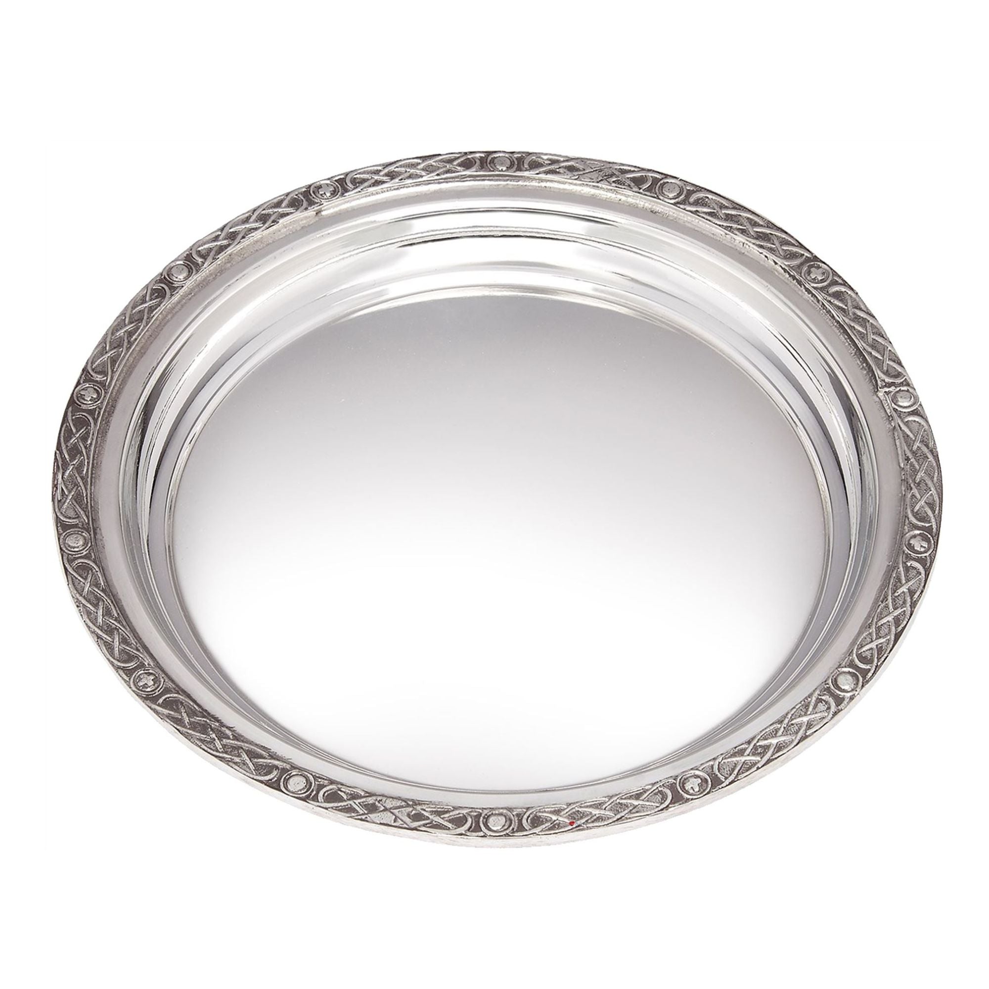 Silver decorative plate with intricate patterns on a white background