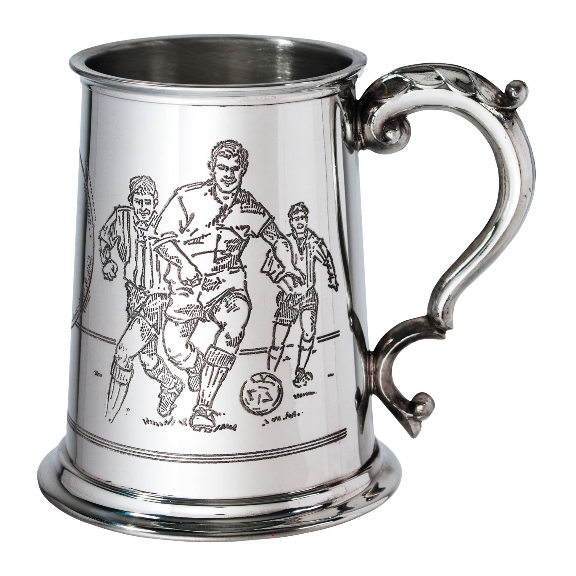 Silver tankard with engraved design of three men playing a game, on a white background