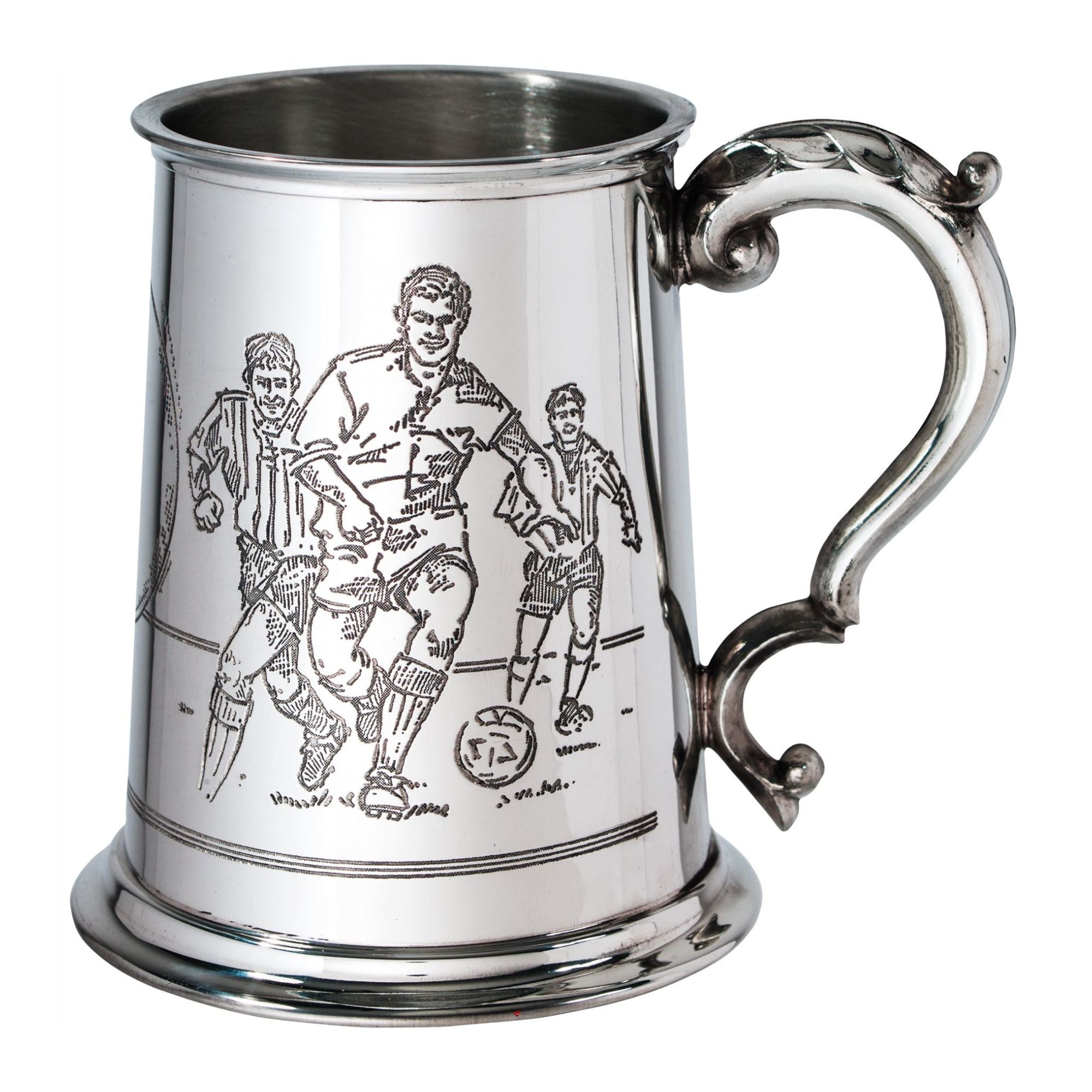 Silver tankard with engraved design of three men playing a game, on a white background