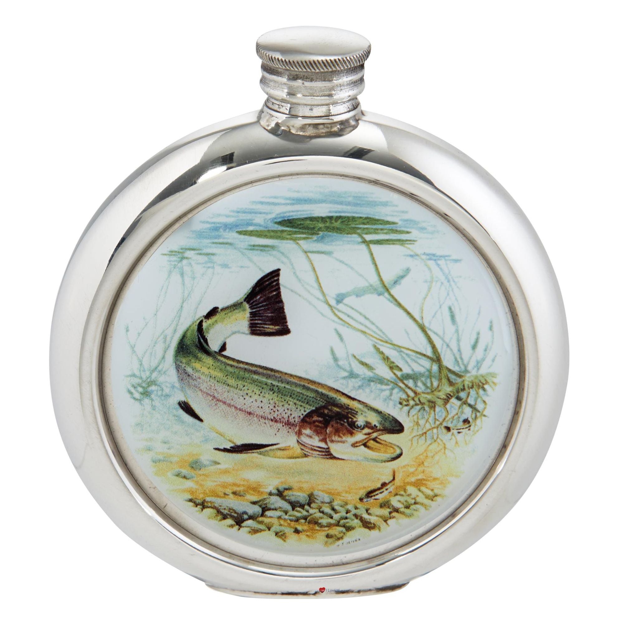 Silver flask with a fish design on a white background
