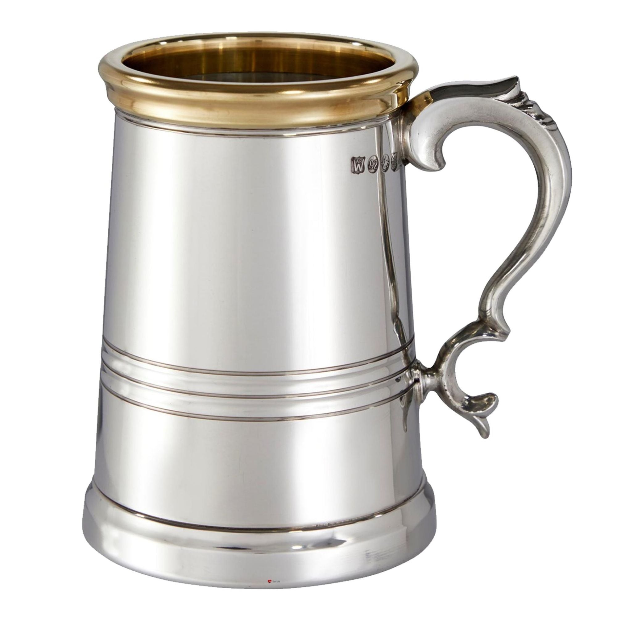 Silver tankard with a gold rim on a white background