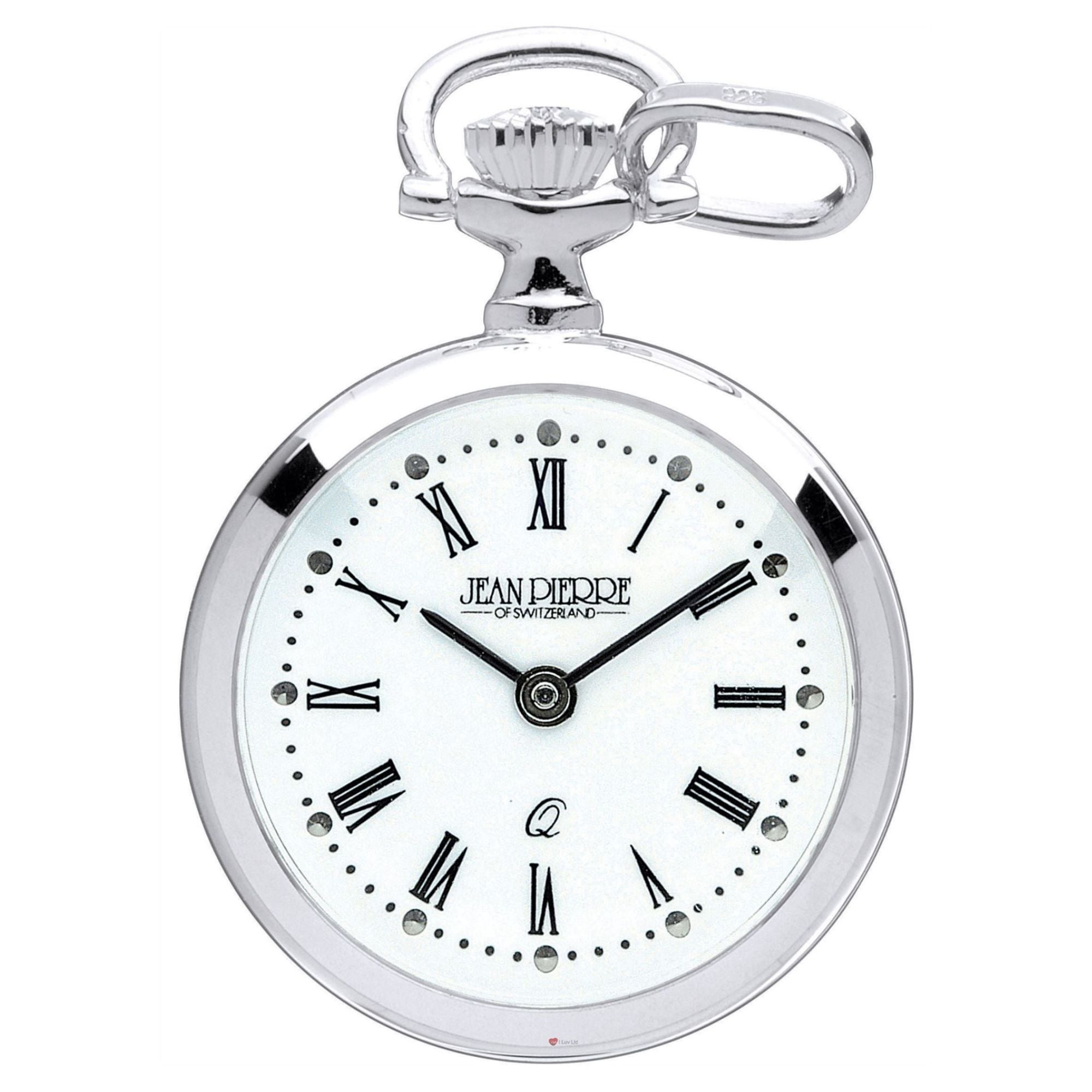 Silver pocket watch with white face and Roman numerals on a white background