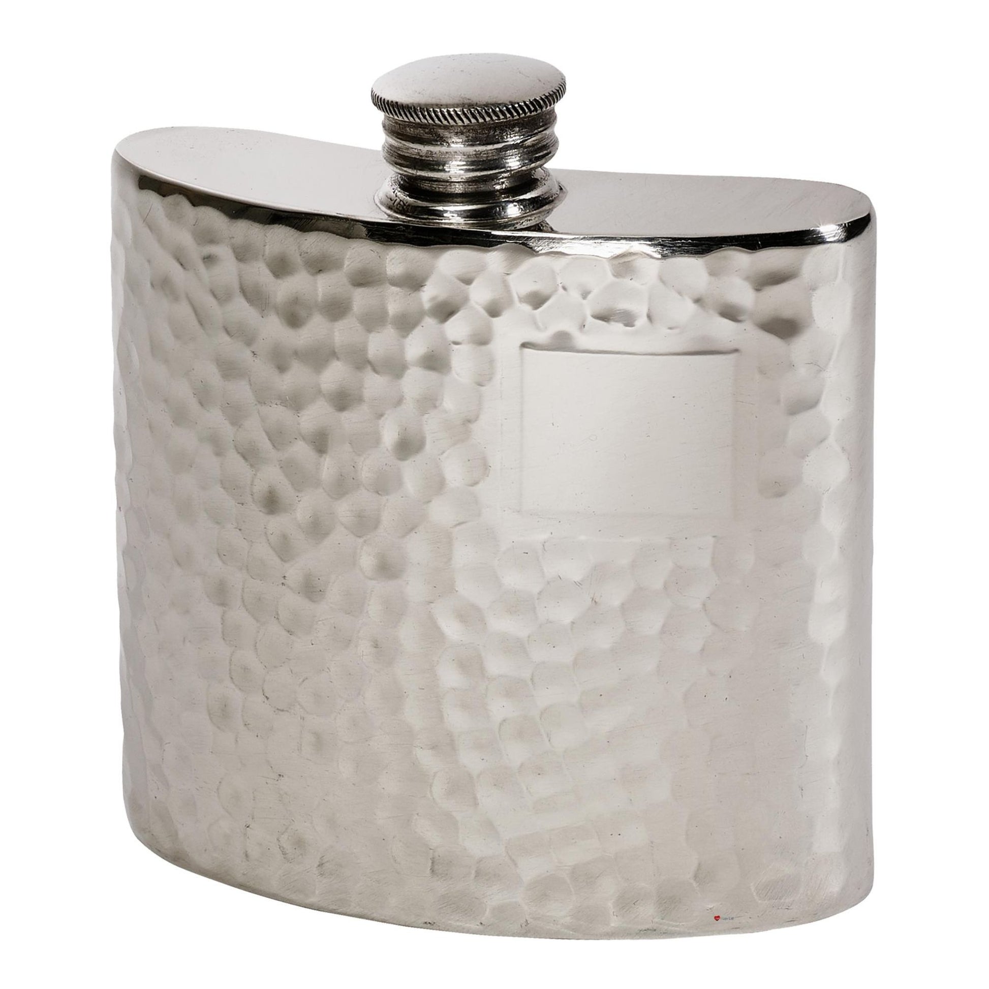 Silver hip flask with a textured surface on a white background
