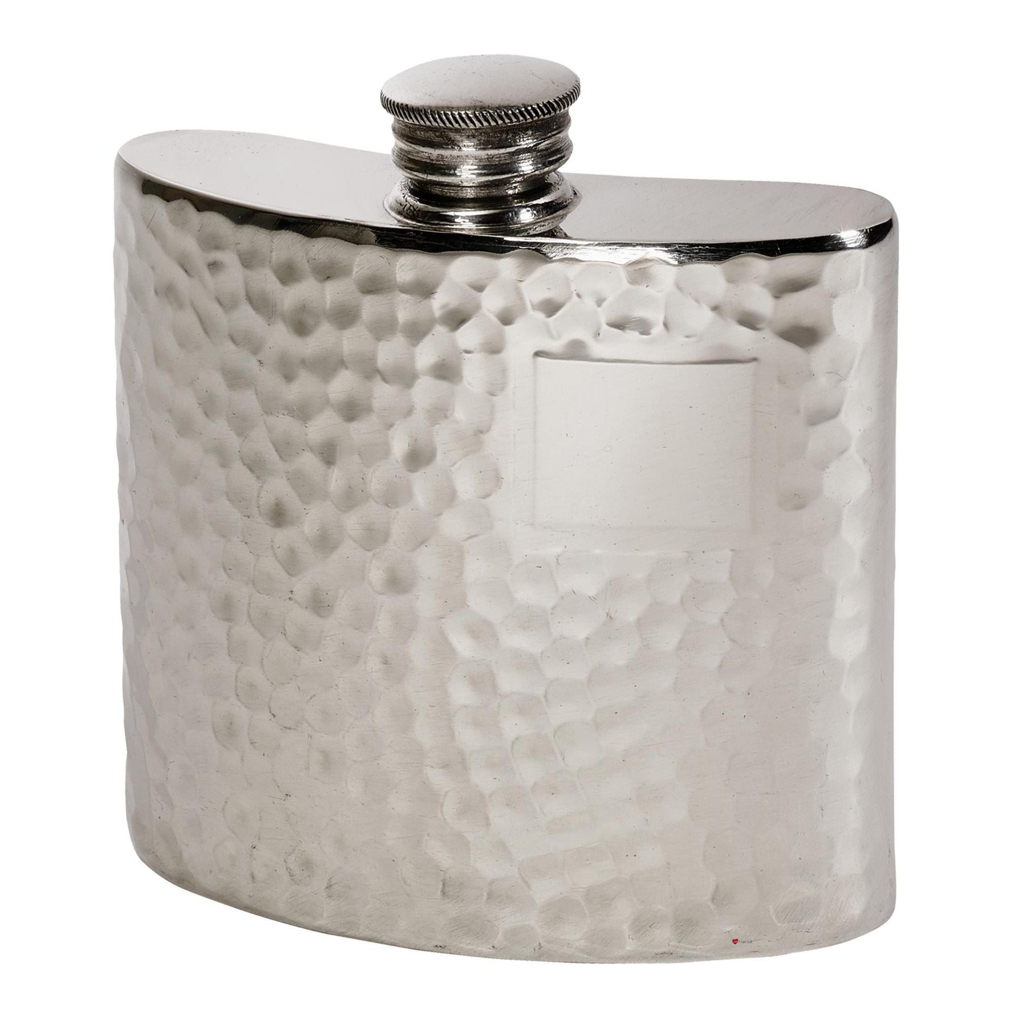Silver hip flask with a textured surface on a white background
