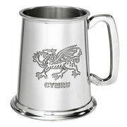 Silver tankard with engraved dragon and 'Cymru' text on a white background