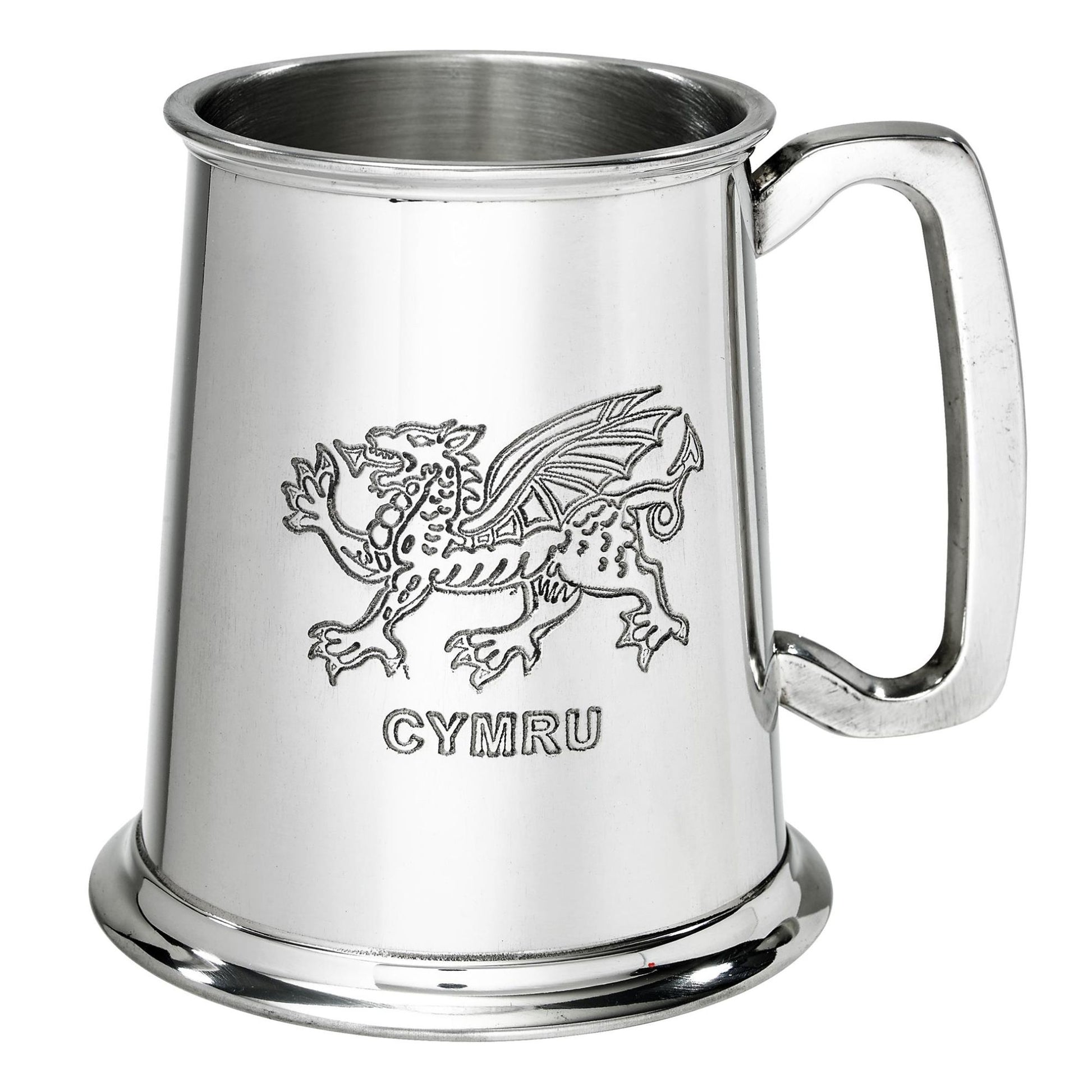 Silver tankard with engraved dragon and 'Cymru' text on a white background