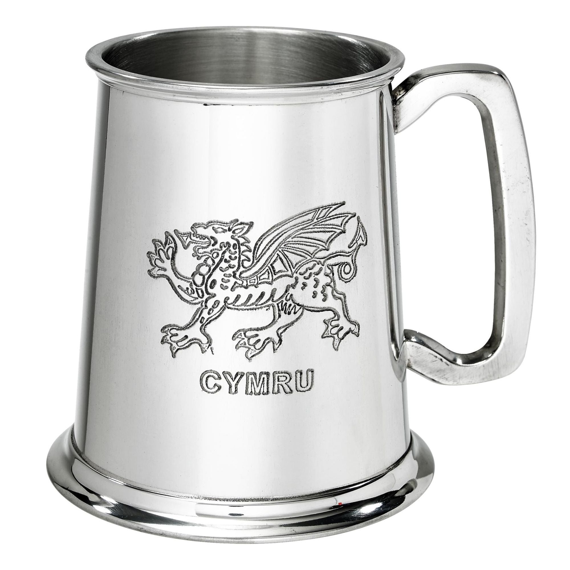 Silver tankard with engraved dragon and 'Cymru' text on a white background