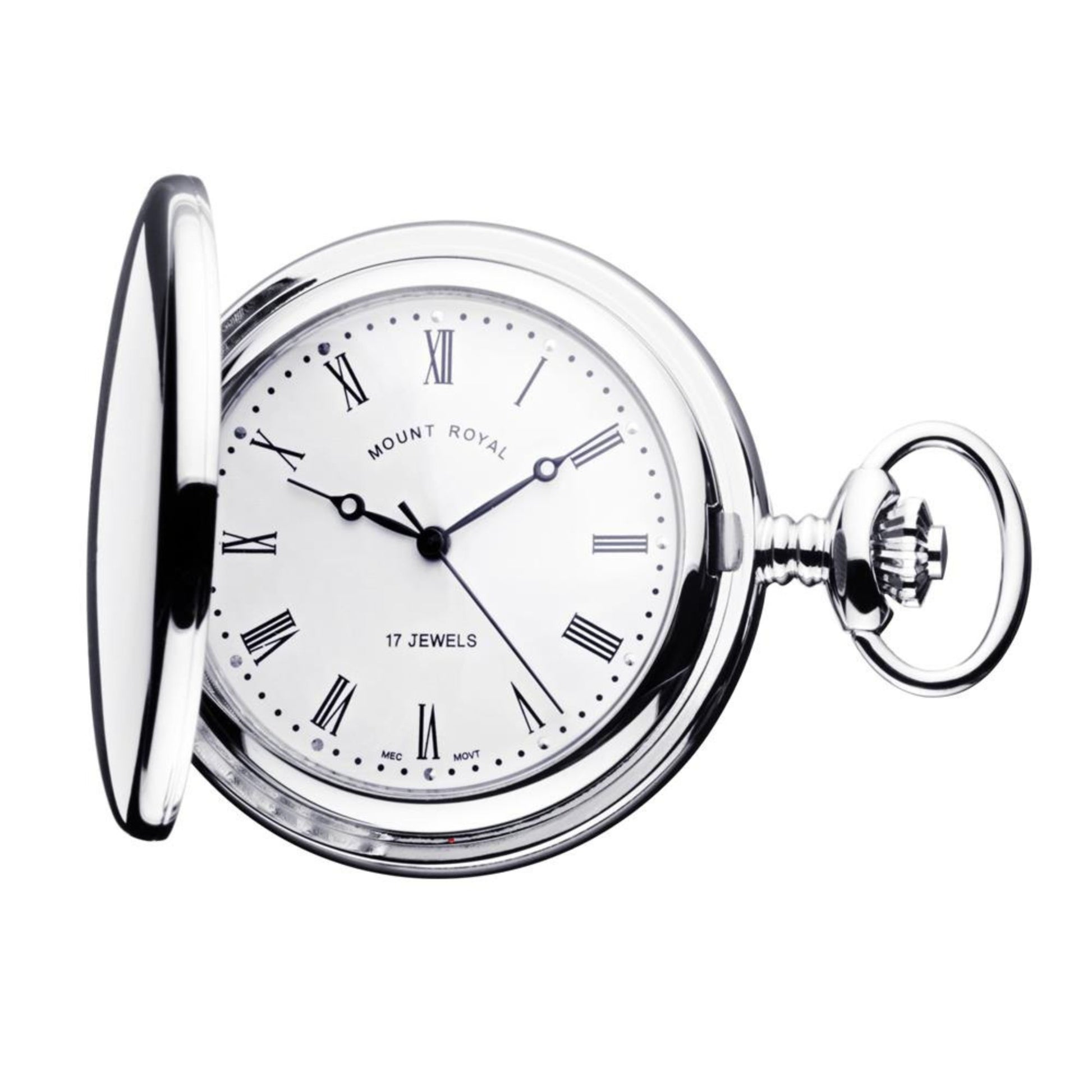Pocket watch with 'Mount Royal' branding on a white background