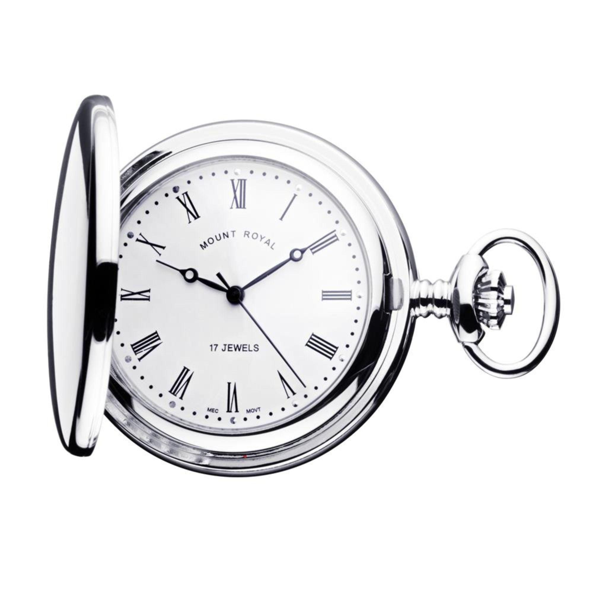 Pocket watch with 'Mount Royal' branding on a white background
