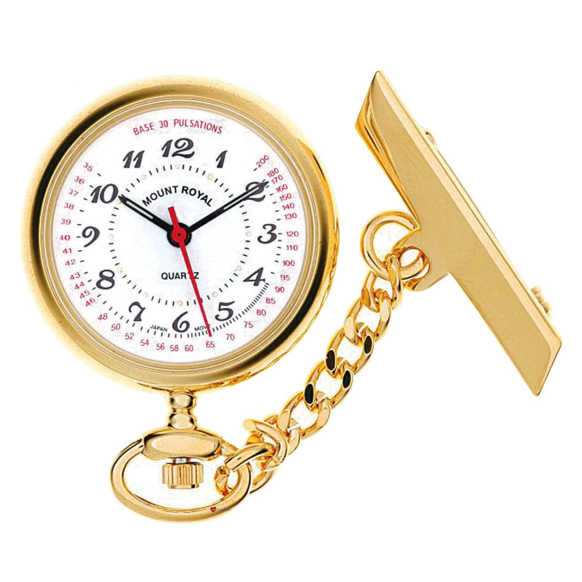 Gold pocket watch with a white face on a white background