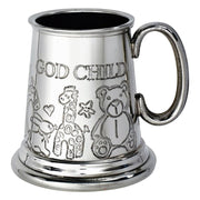 Silver tankard with 'God Child' engraving and animal illustrations on a white background