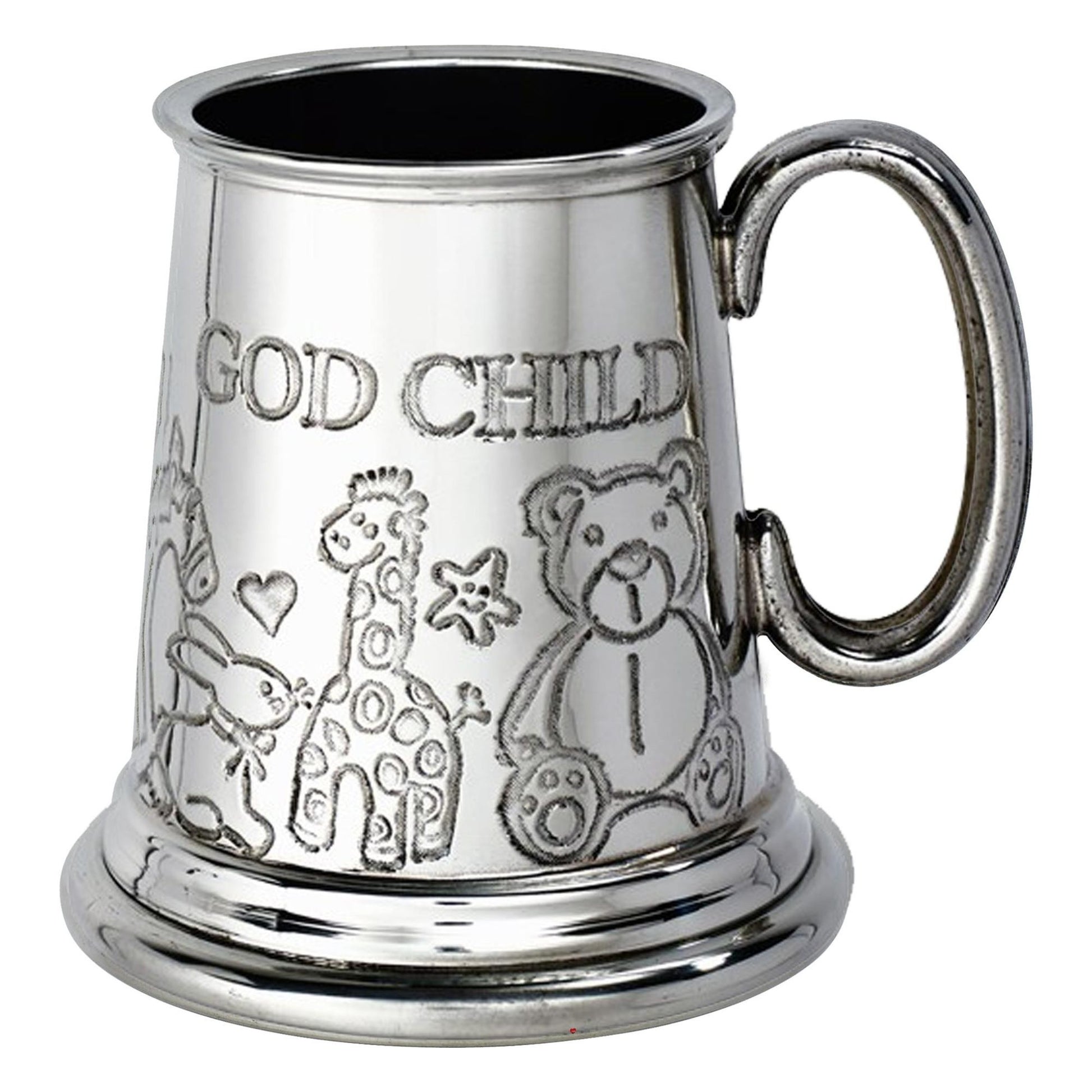 Silver tankard with 'God Child' engraving and animal illustrations on a white background