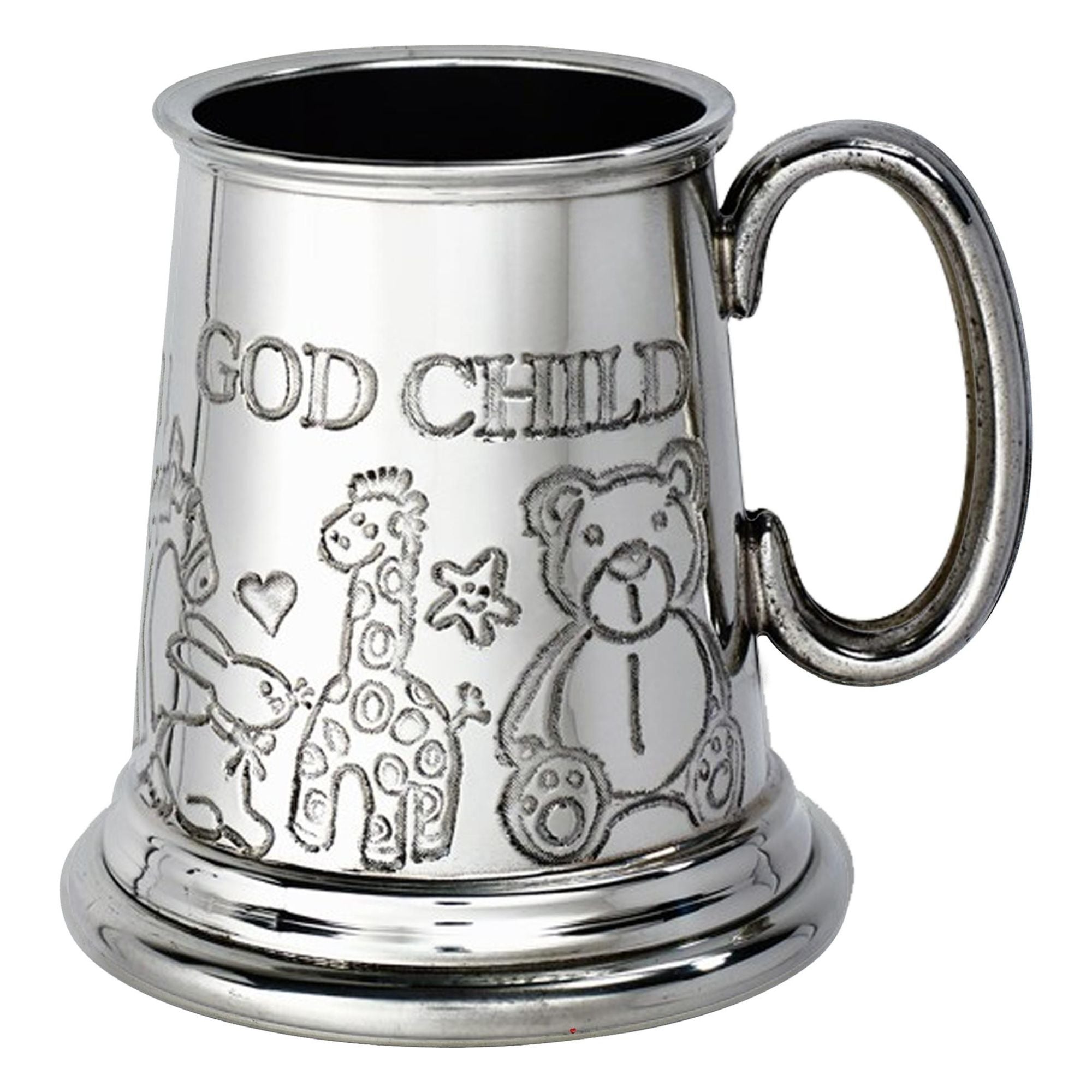 Silver tankard with 'God Child' engraving and animal illustrations on a white background