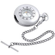 Silver pocket watch with chain on a white background