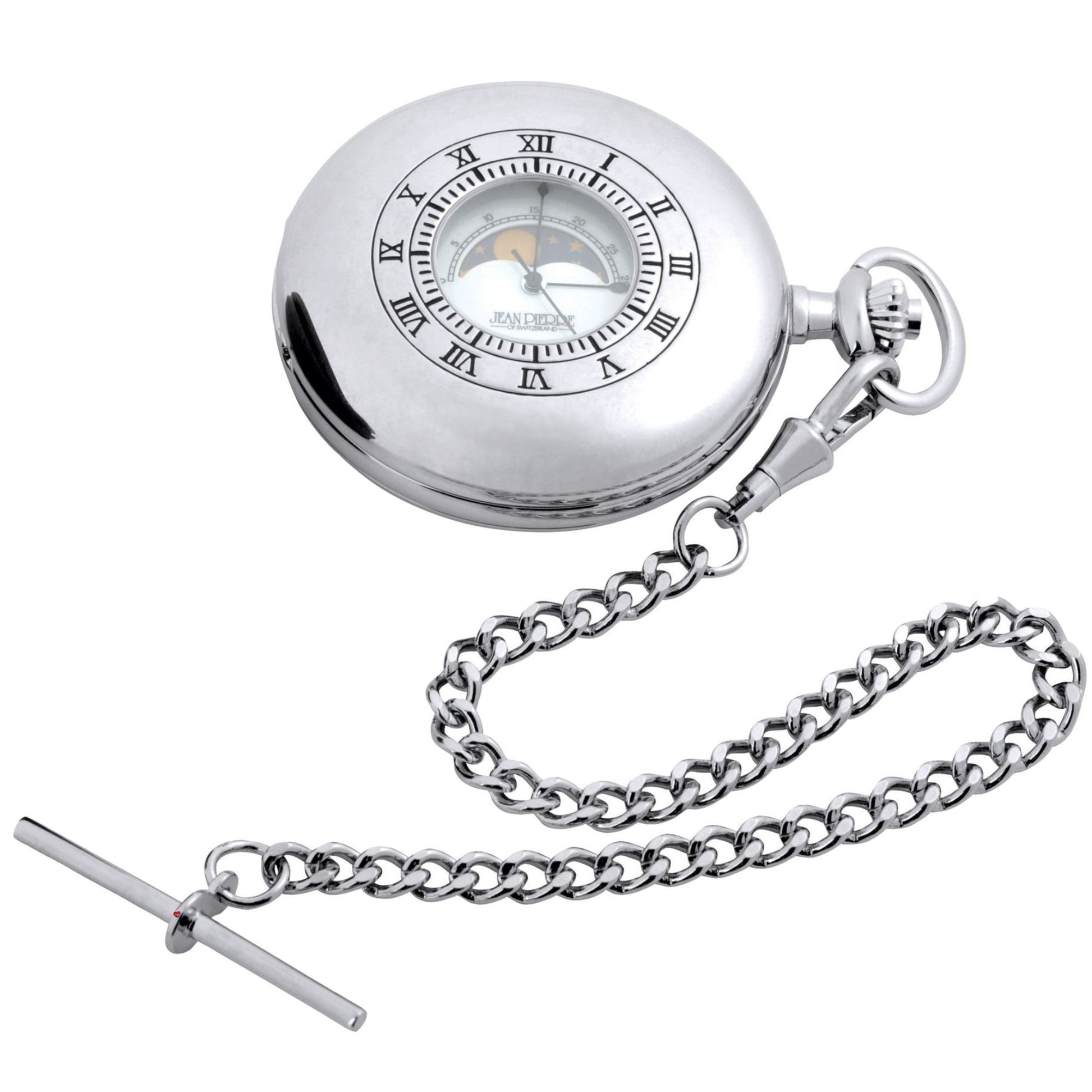 Silver pocket watch with chain on a white background