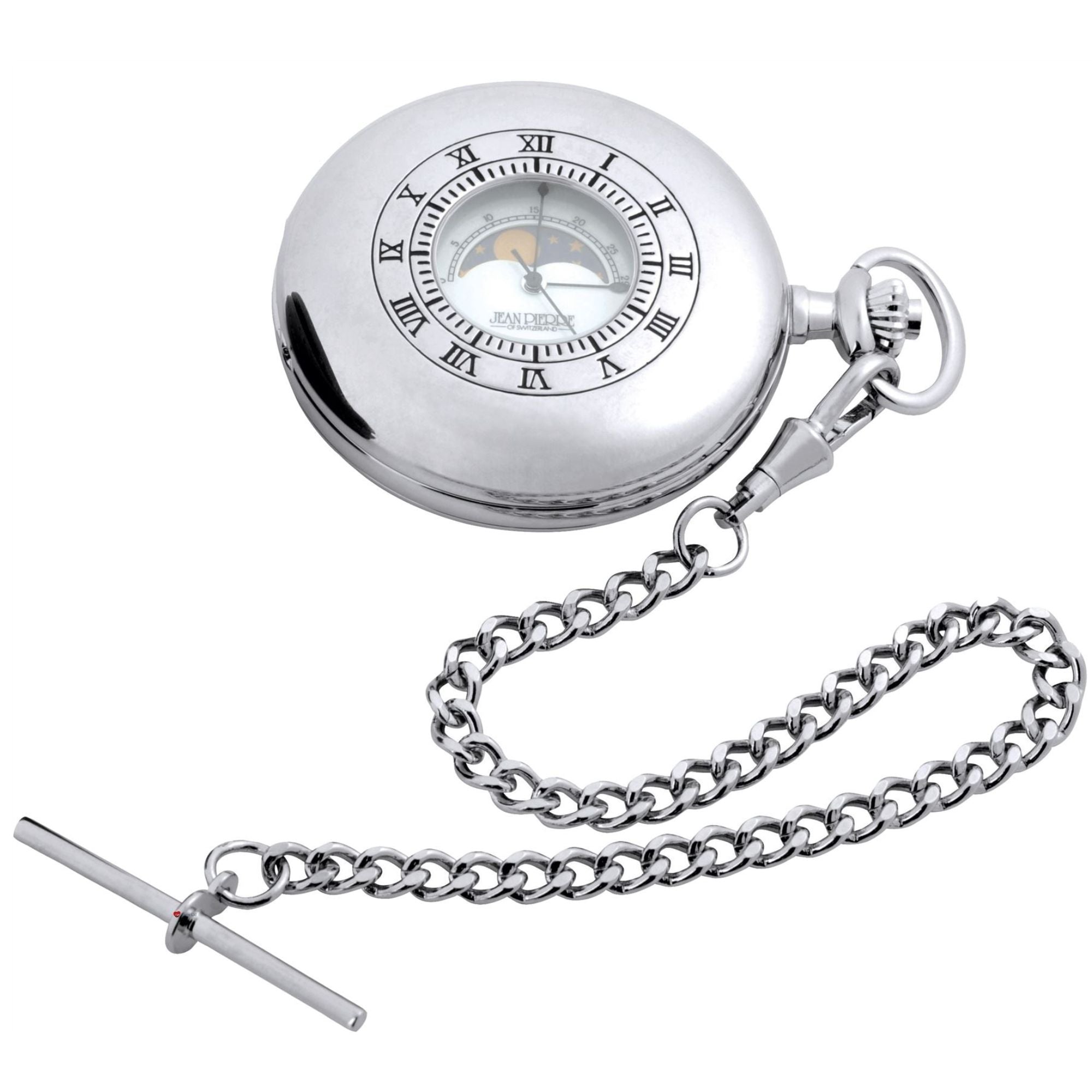 Silver pocket watch with chain on a white background