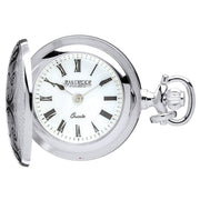 Silver pocket watch with white face and Roman numerals on a white background