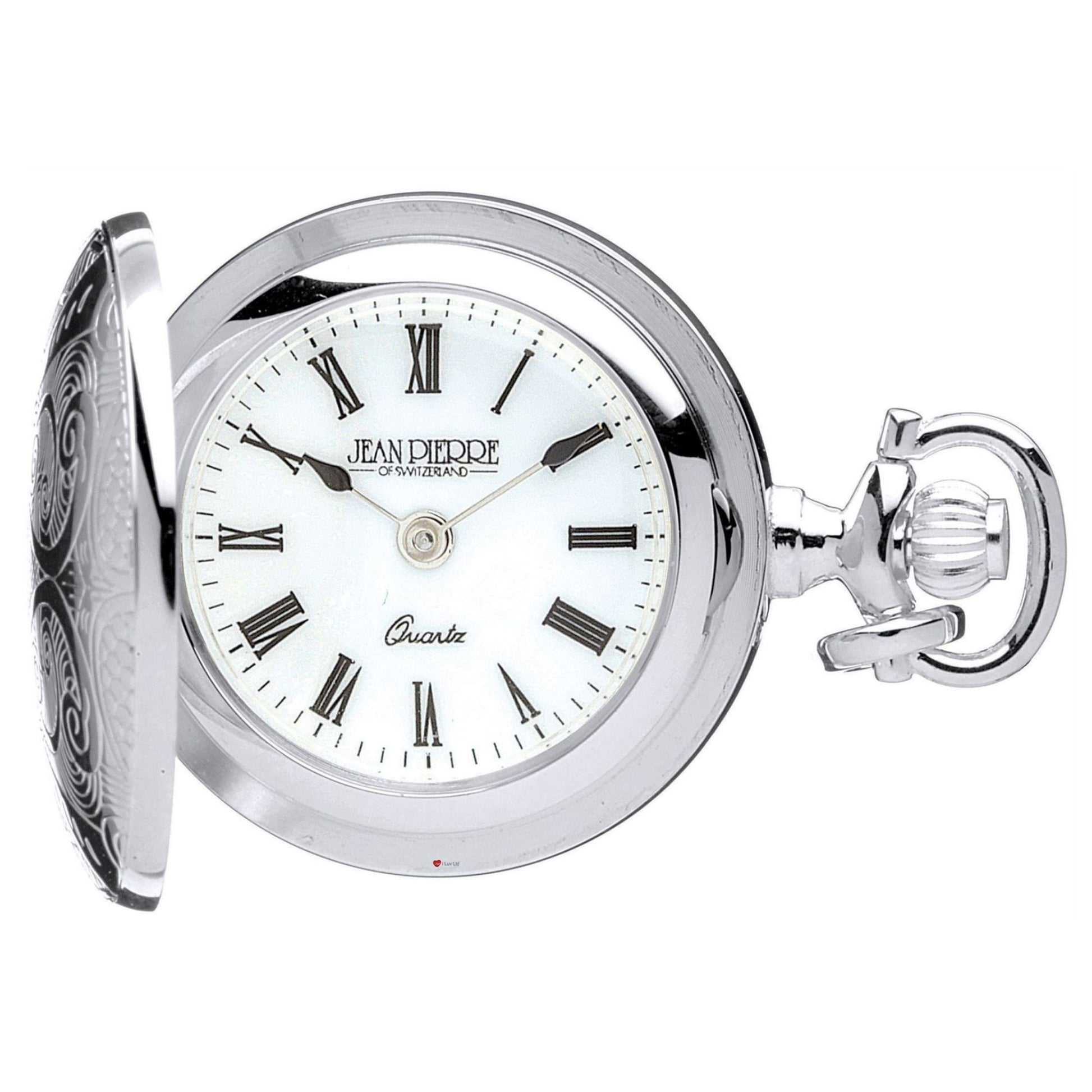 Silver pocket watch with white face and Roman numerals on a white background