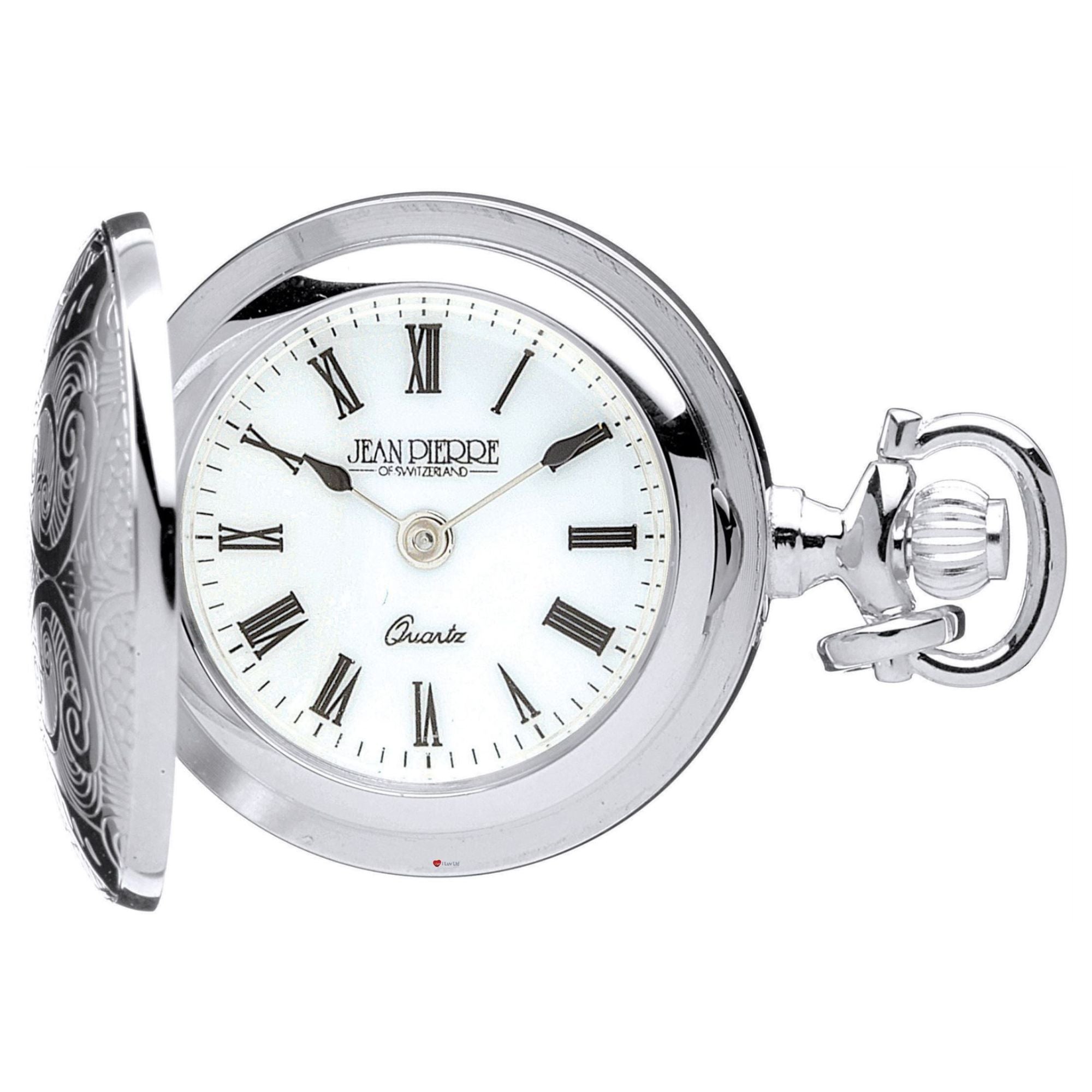 Silver pocket watch with white face and Roman numerals on a white background