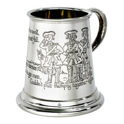 Silver tankard with engraved characters and text on a white background