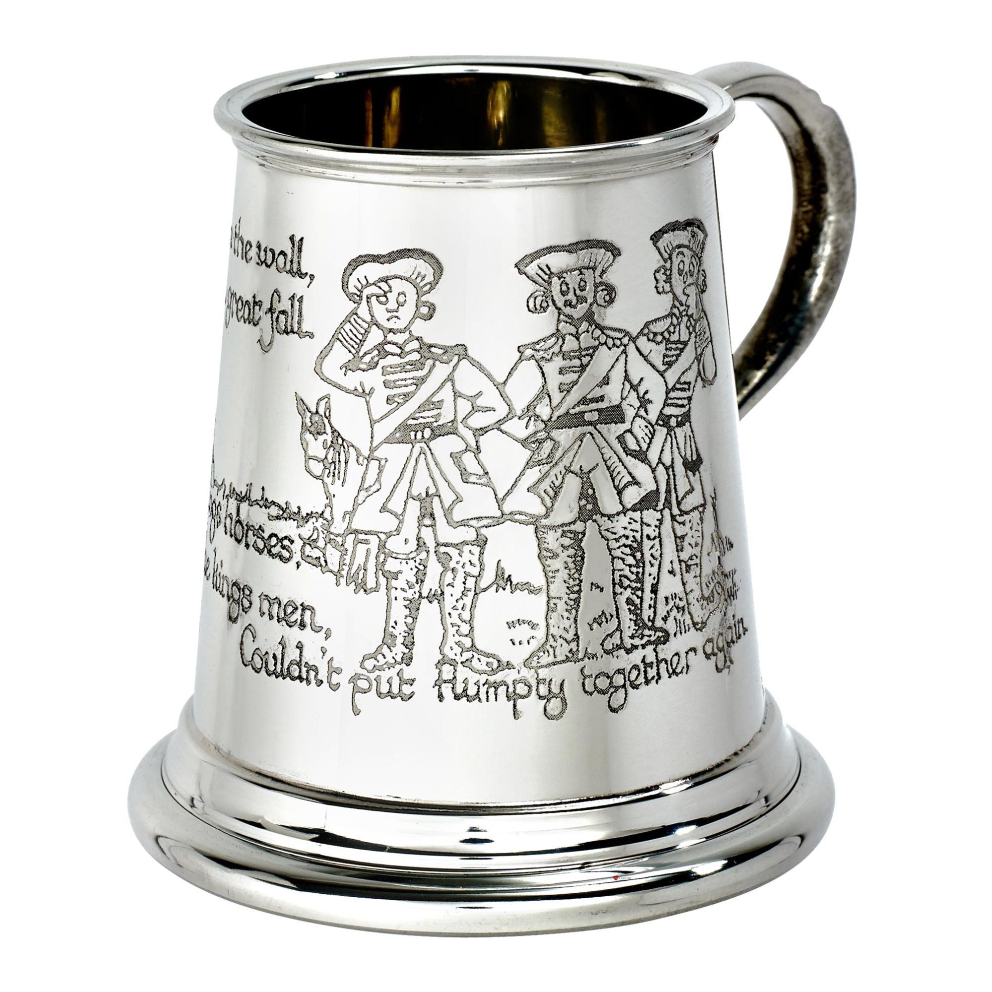 Silver tankard with engraved characters and text on a white background