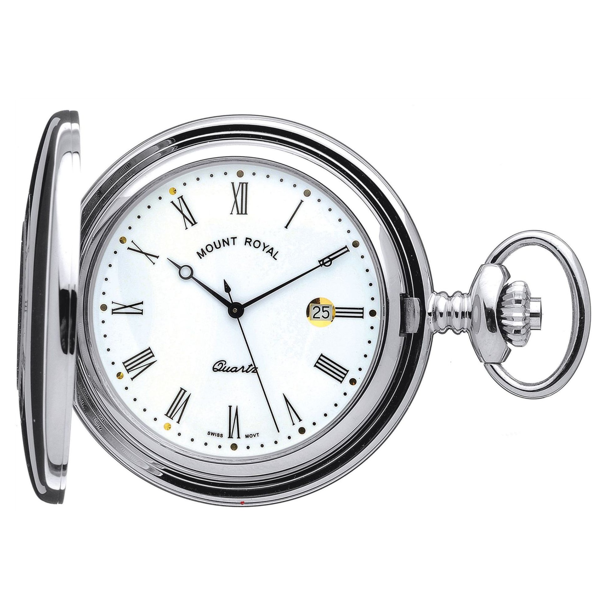 Silver pocket watch with white face and 'Mount Royal' branding on a white background