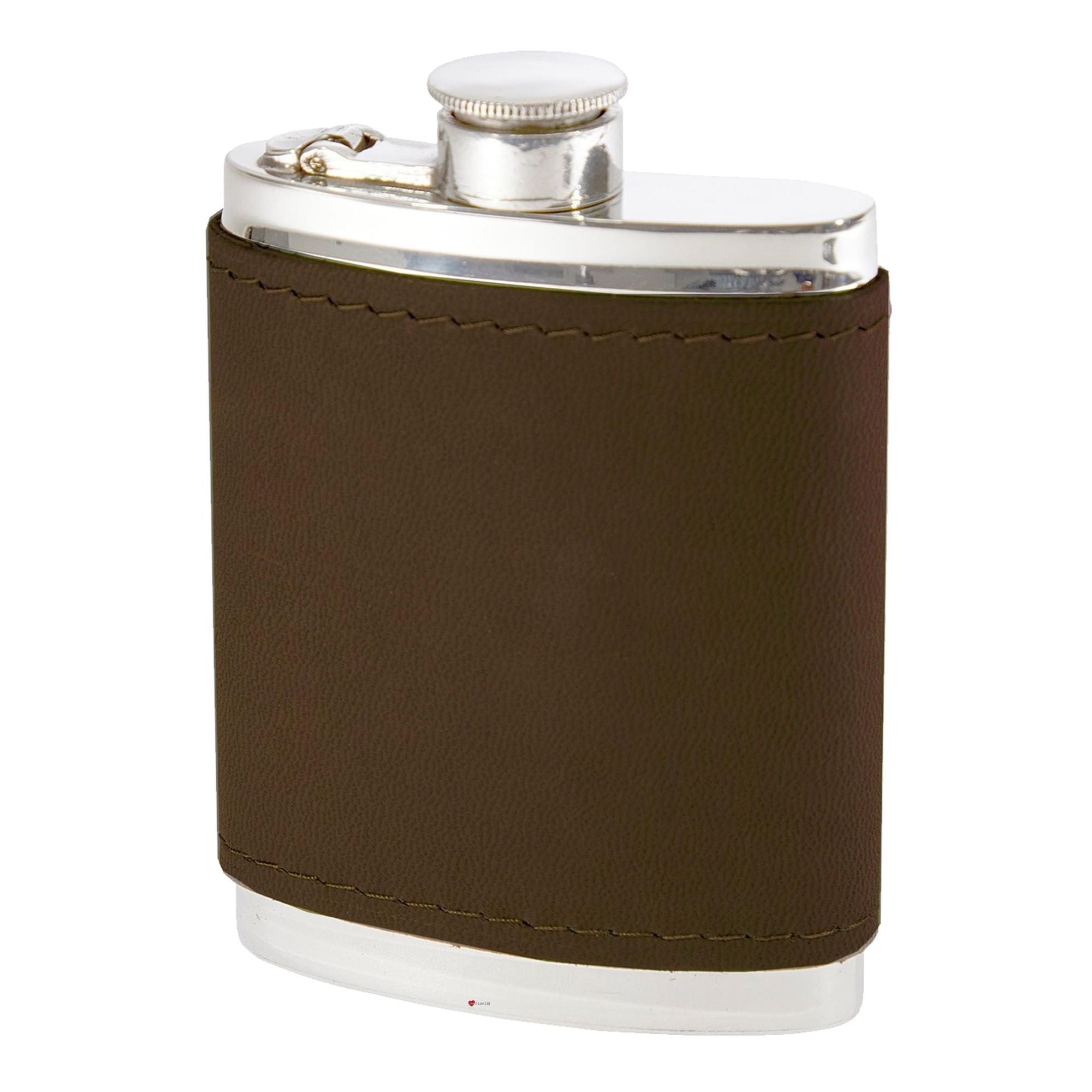 Flask with brown leather wrap and silver accents on a white background