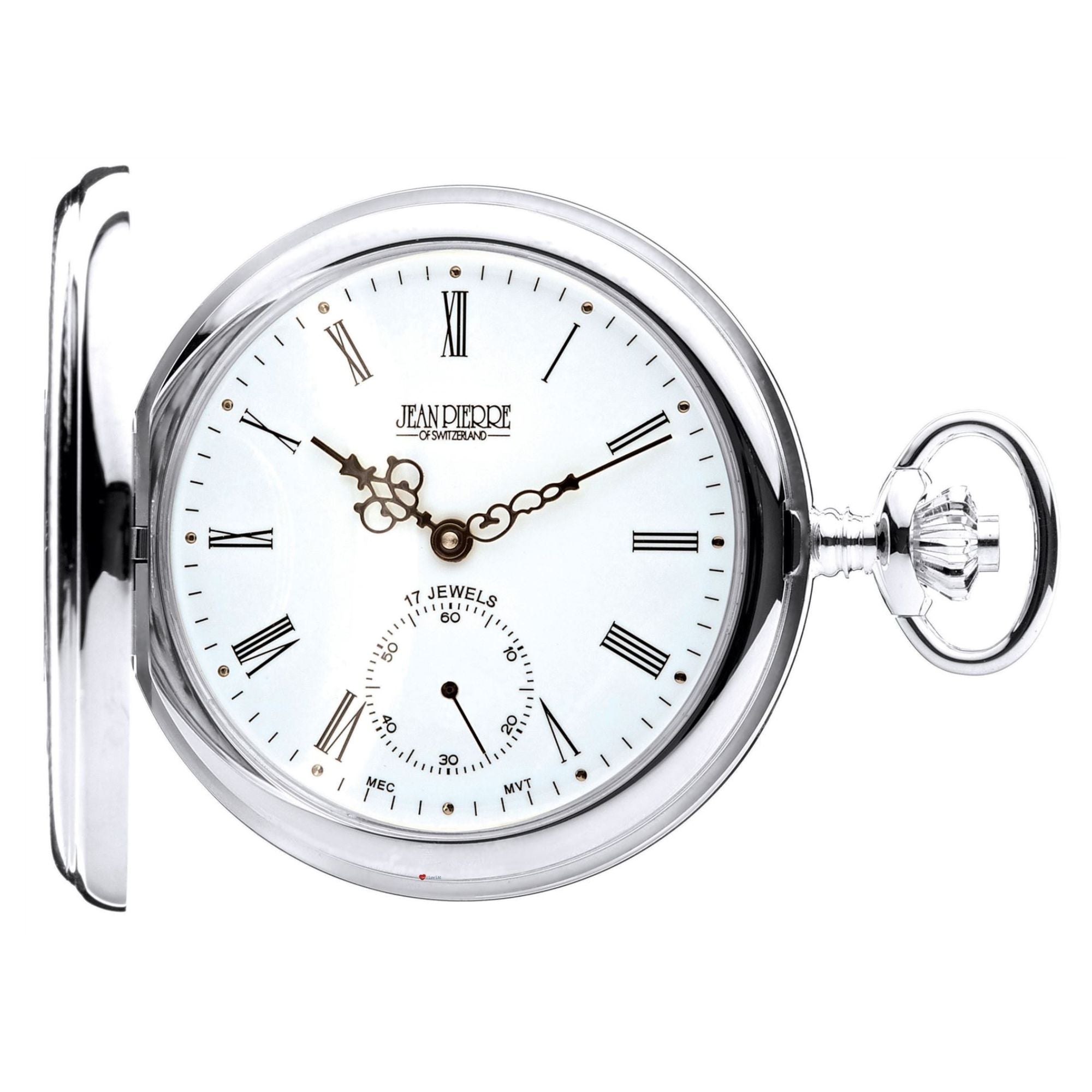 Pocket watch with white face and silver casing on a white background