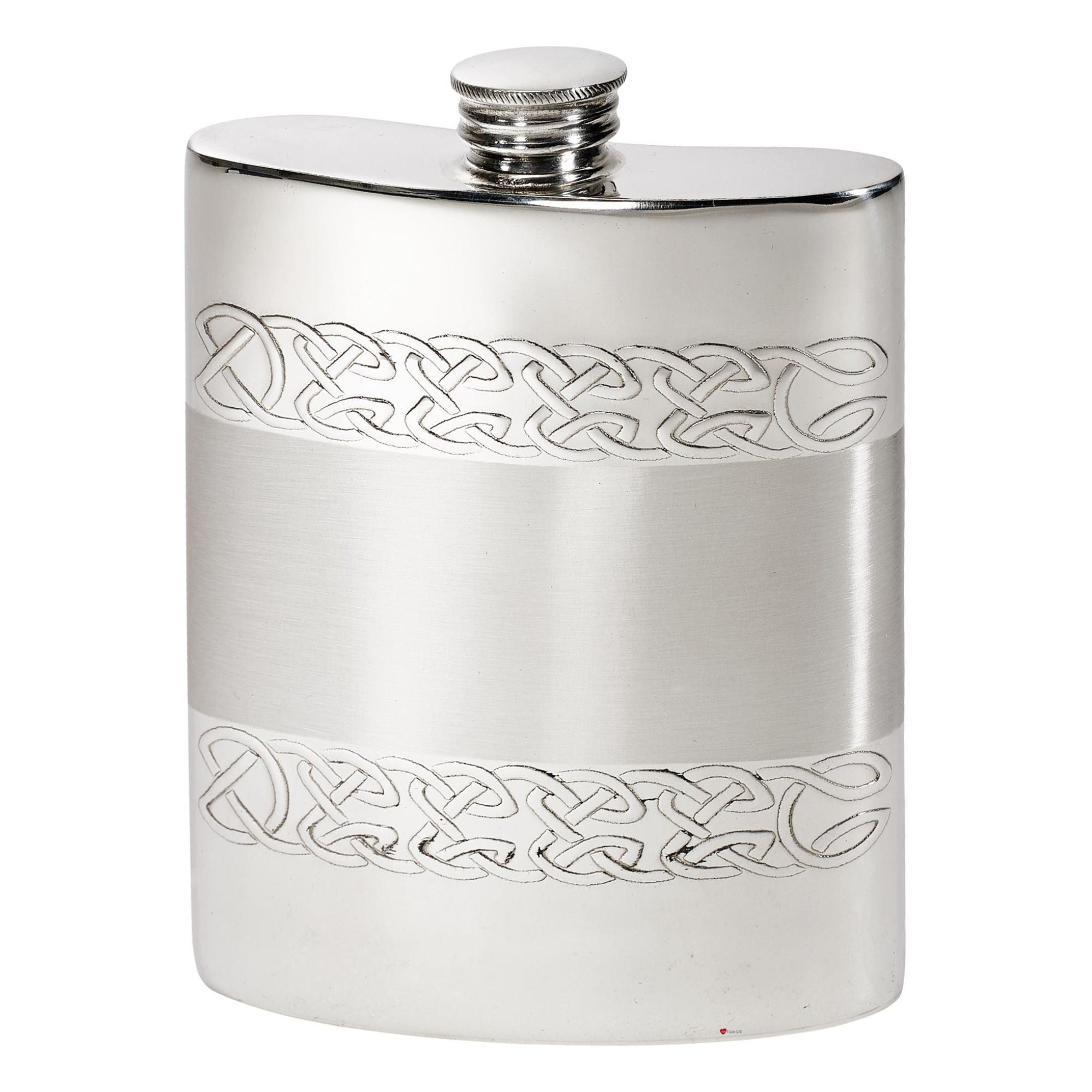 Silver hip flask with Celtic knot design on a white background
