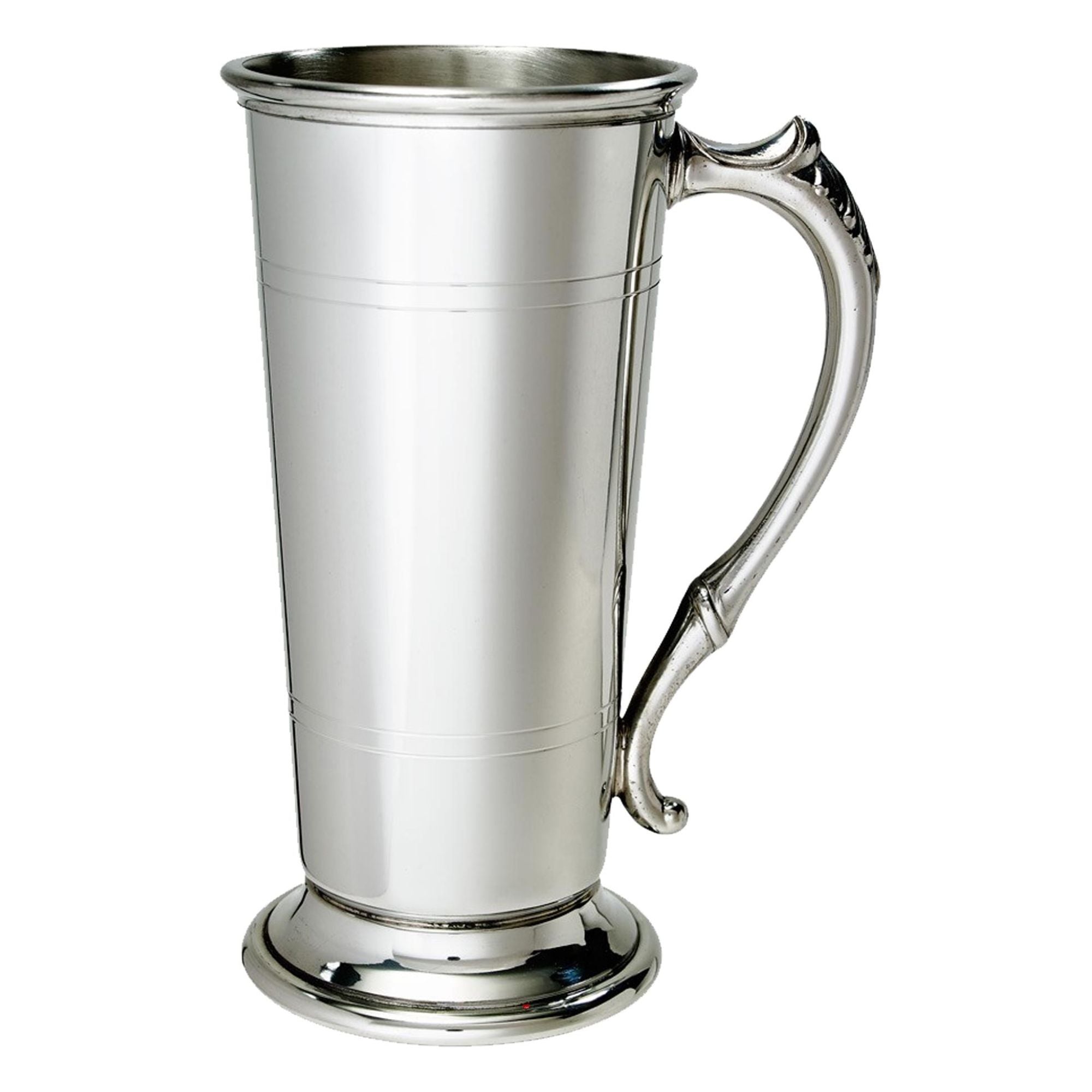 Silver tankard with a handle on a white background