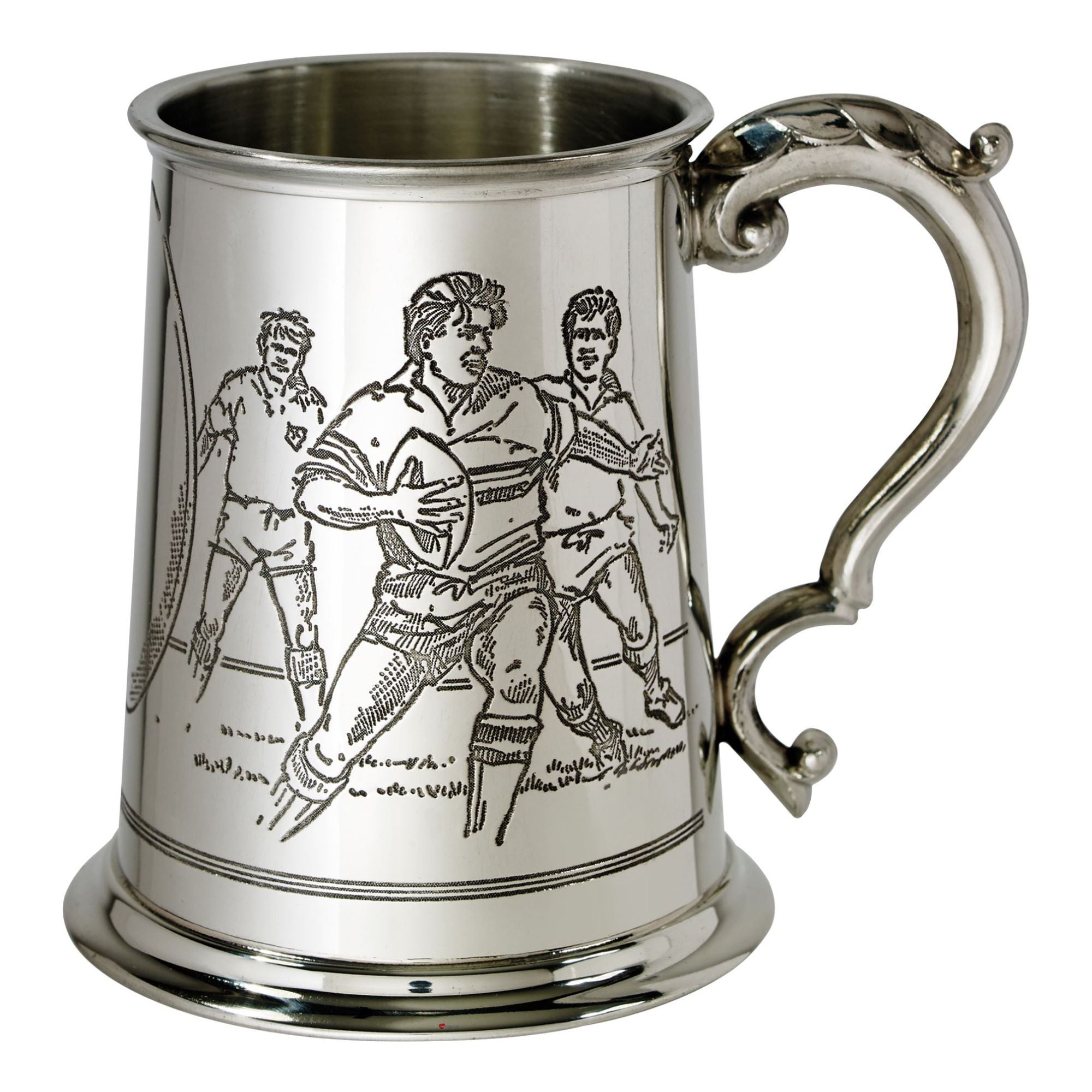 Silver tankard with engraved design of three figures on a white background