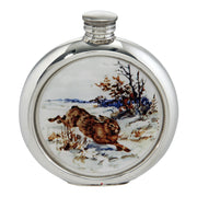 Silver flask with a hunting scene engraving on a white background