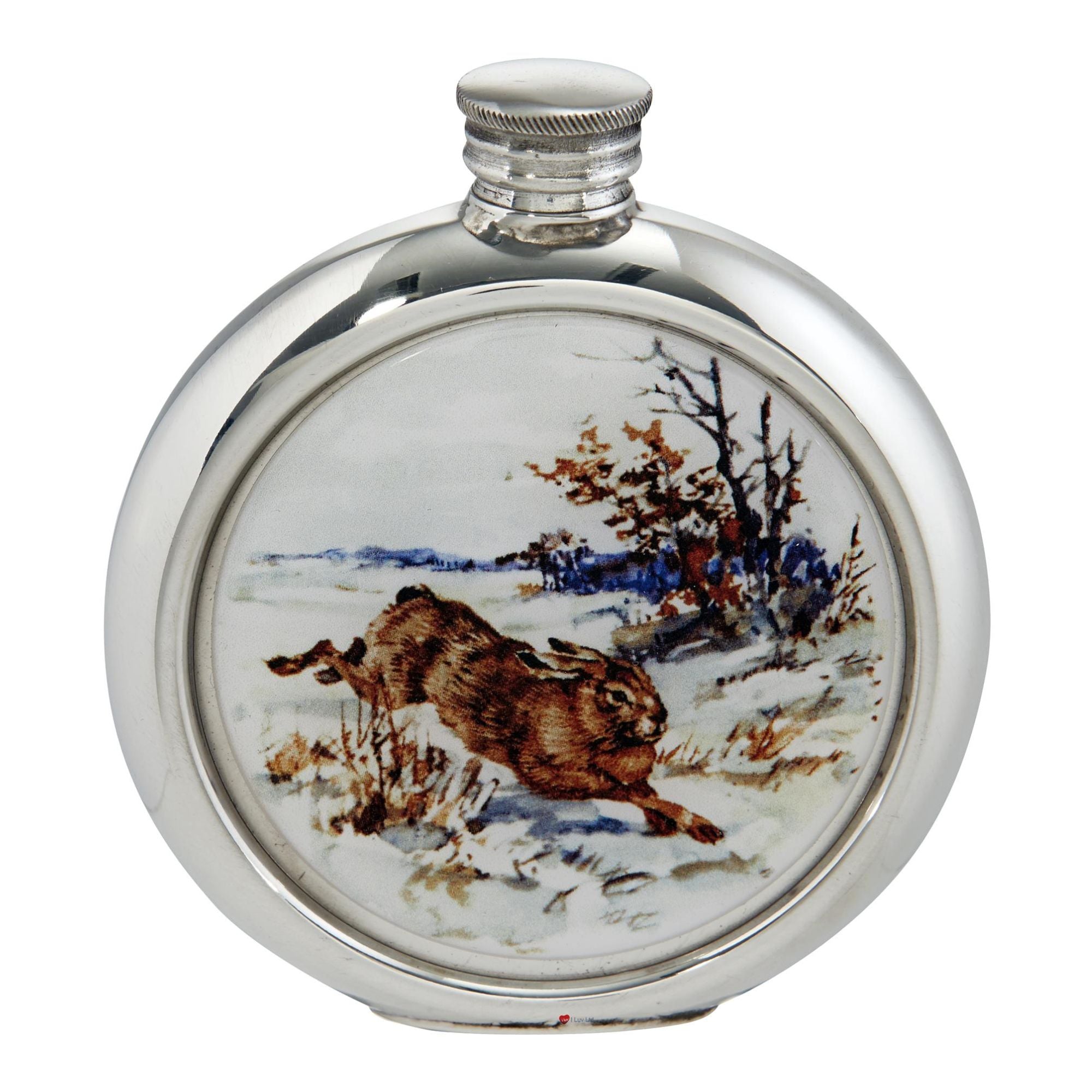 Silver flask with a hunting scene engraving on a white background