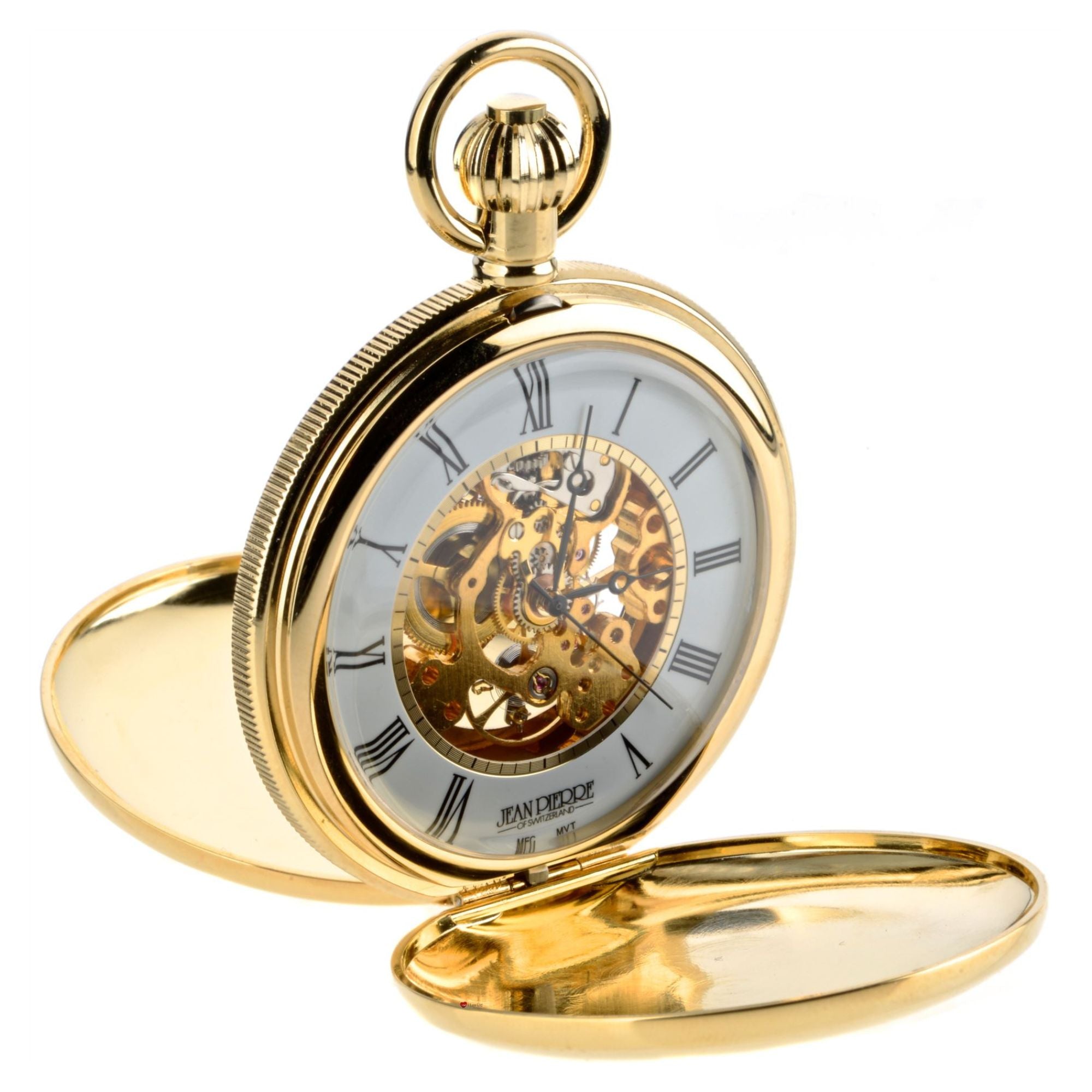 Gold pocket watch with open face on a white background