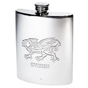 Silver flask with engraved dragon design and 'Cymru' text on a white background