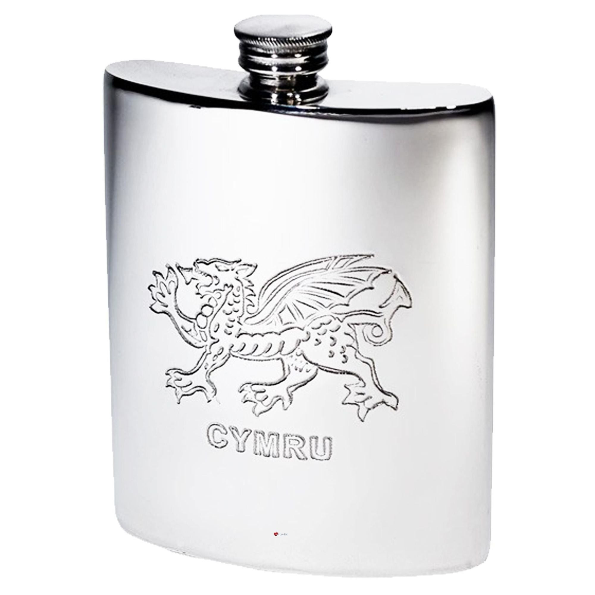 Silver flask with engraved dragon design and 'Cymru' text on a white background