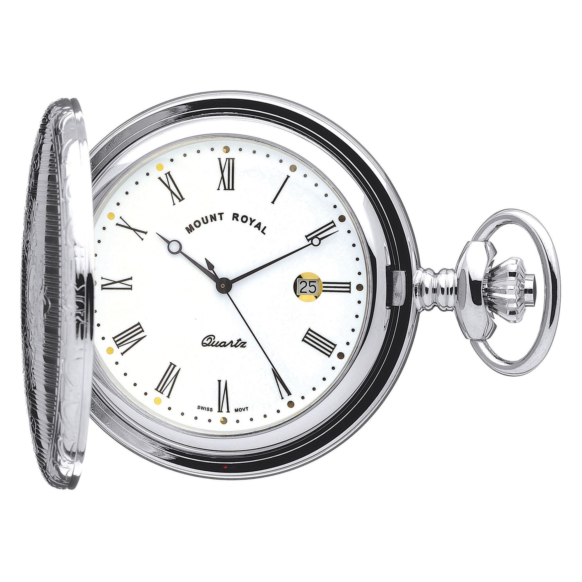 Ornate Hunter Pocket Watch Chrome Roman Numerals Date Quartz Movement