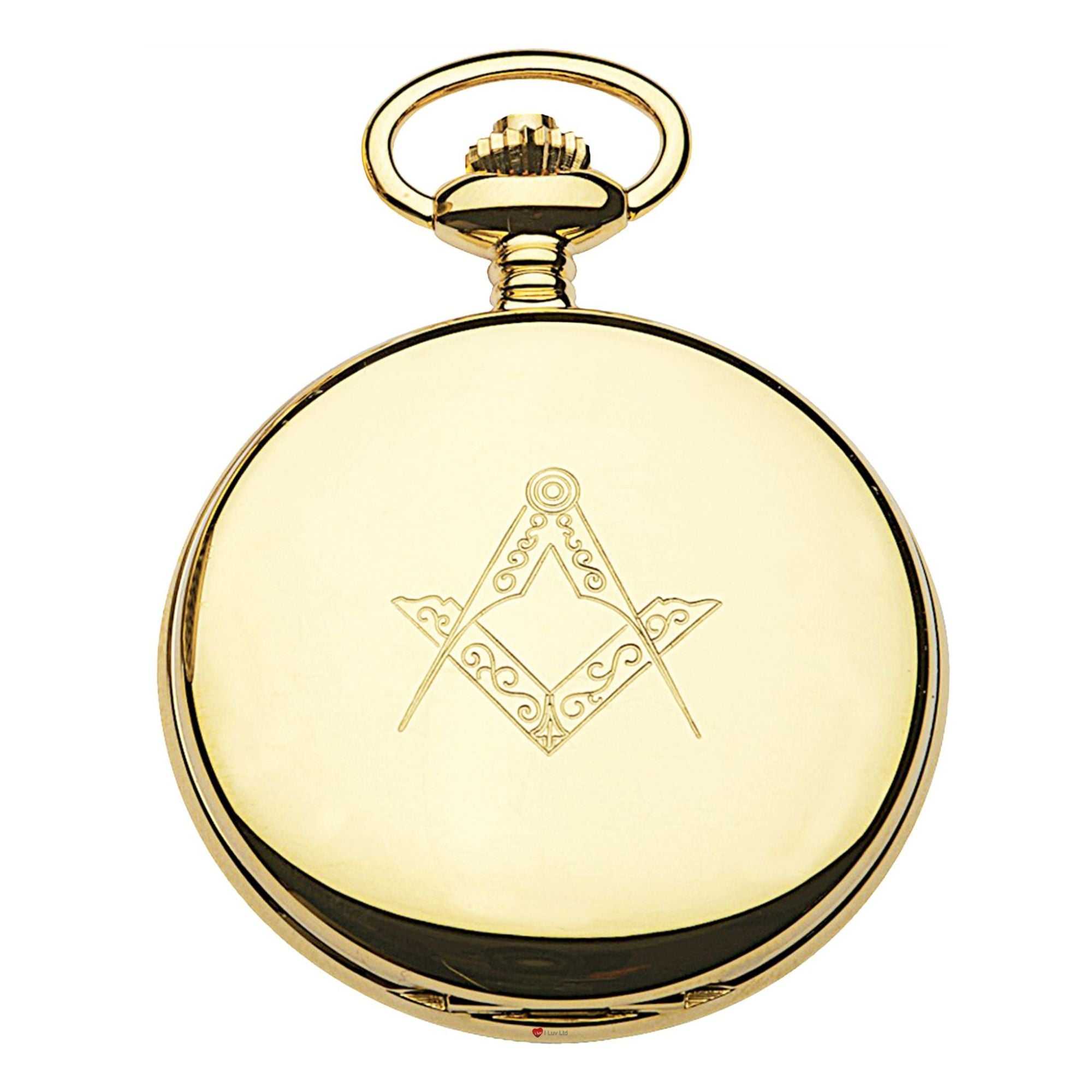 Gold pocket watch with Masonic emblem on a white background