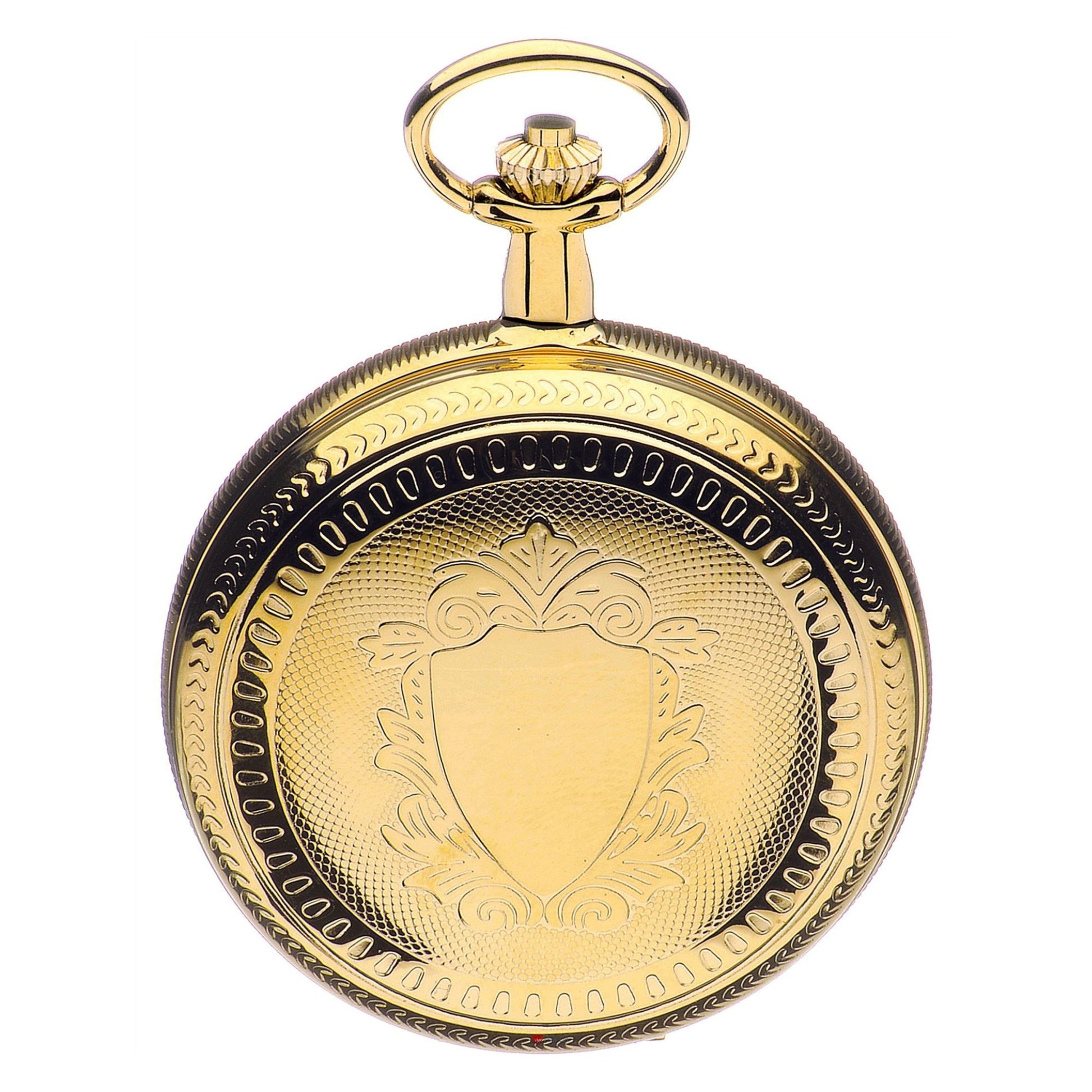 Gold pocket watch with intricate design on a white background