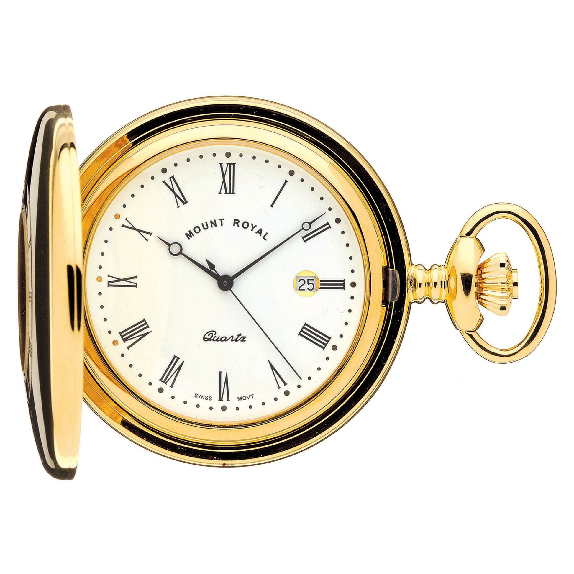 Gold pocket watch with white face and 'Mount Royal' branding on a white background
