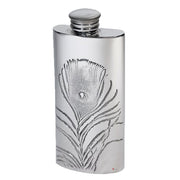 Silver flask with peacock feather design on a white background