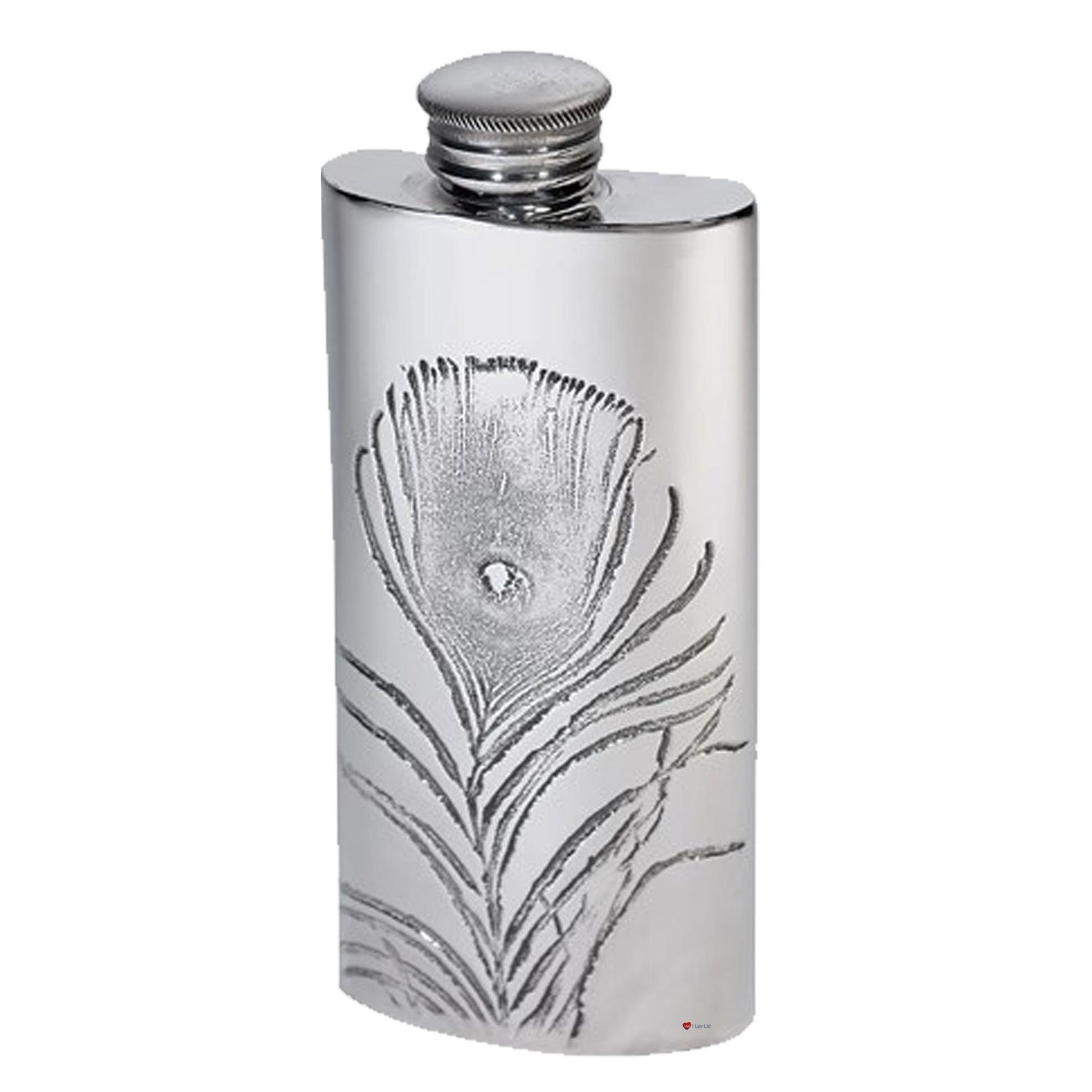 Silver flask with peacock feather design on a white background