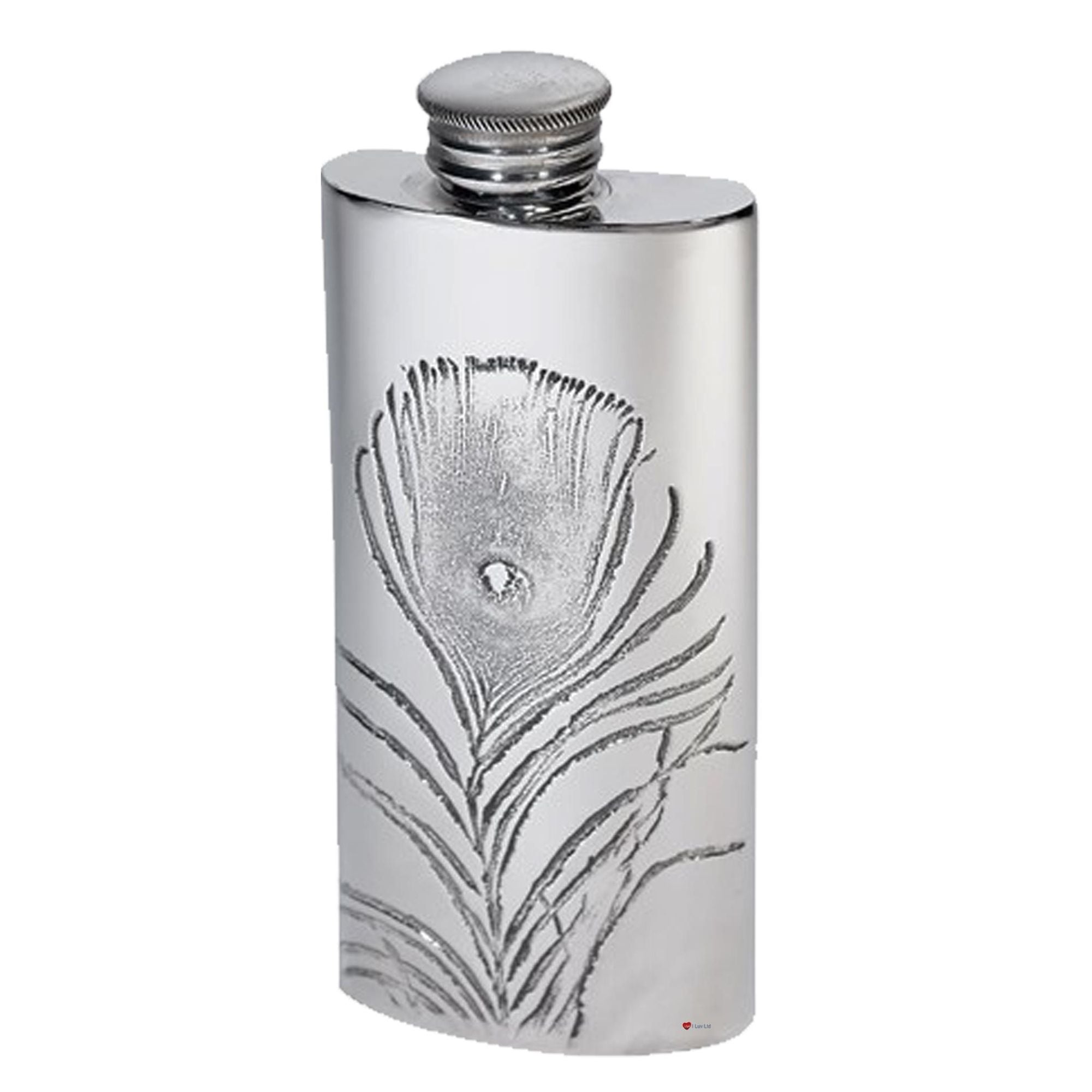 Silver flask with peacock feather design on a white background