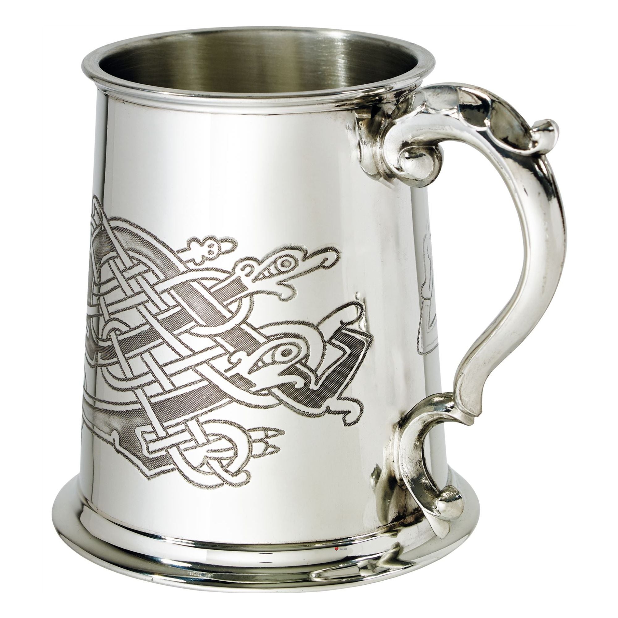 Silver tankard with intricate design on a white background