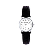 Wristwatch with black strap and white dial on a white background