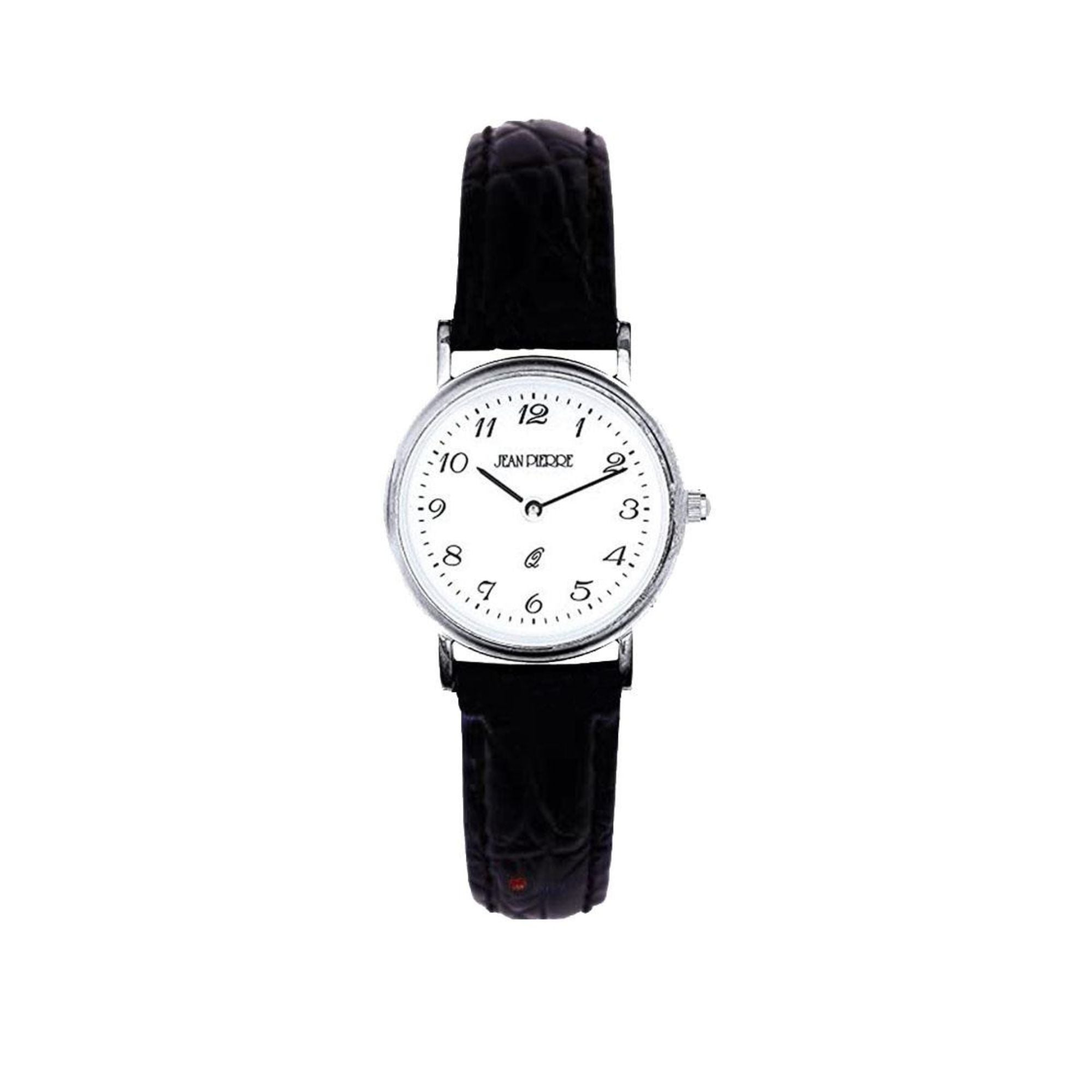 Wristwatch with black strap and white dial on a white background