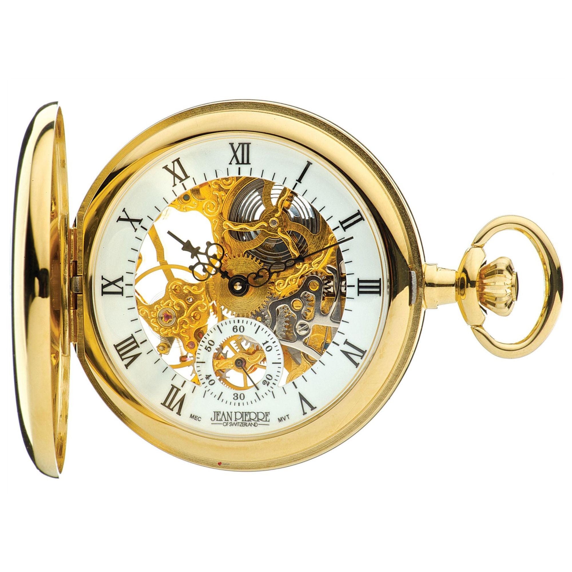 Gold pocket watch with visible mechanical components on a white background