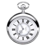 Silver pocket watch with Roman numeral markings on a white background